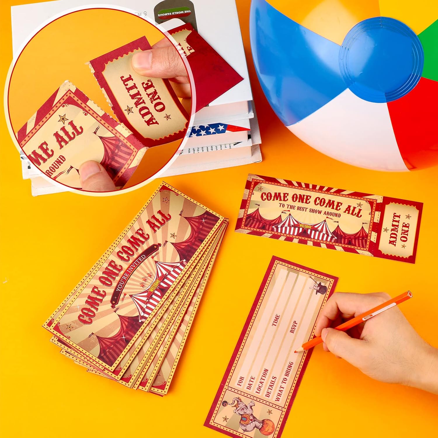 Fuutreo 50 Pcs Circus Party Invitations with Envelopes Vintage Carnival Birthday Invitations Double-sided Fill in Invites for Theme Birthday Party 25 Ticket 25 Envelopes