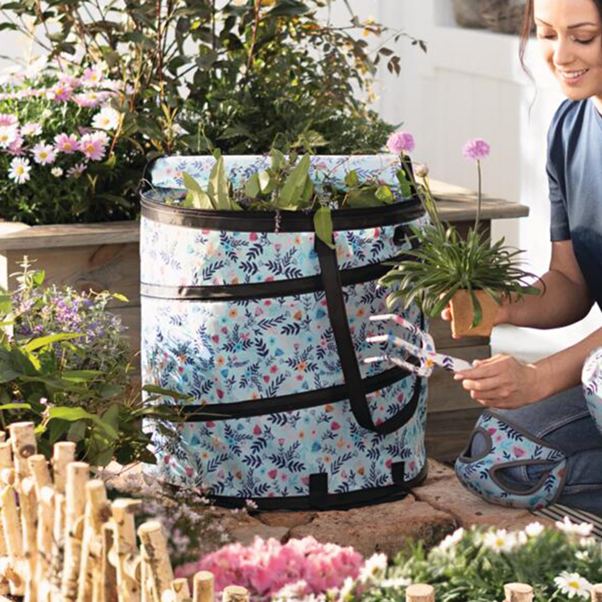 FRANK FLECHTWAREN Laubsammler Floral, 100% Polyester, Ø 45 x 45 cm 80 Liter, 3 Tragegriffe Reißverschluss faltbar, Gartenabfälle