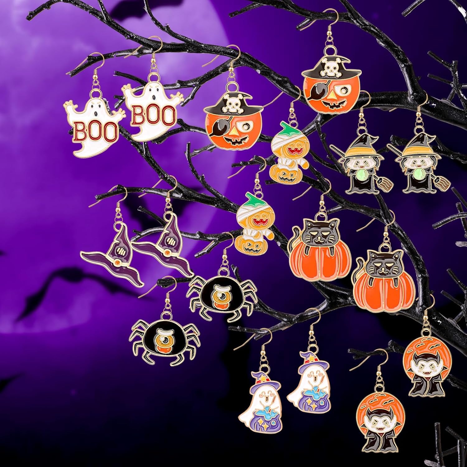 9 Pairs Halloween Enamel Earrings for Women Teen Girls Pumpkin Spider Black Cat Ghost Boo Witch Hat Spooky Earrings Halloween Earring Set for Holiday Decoration - Image 5