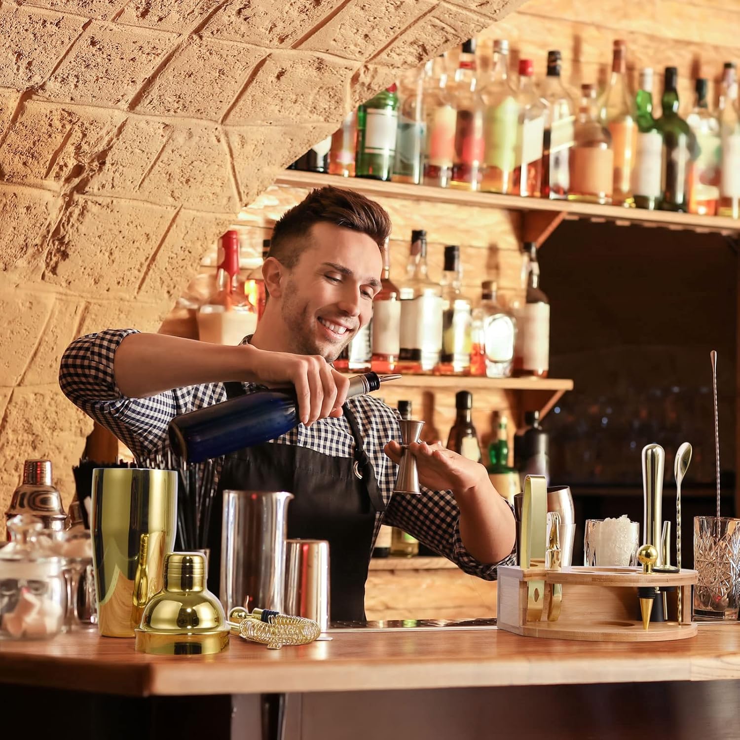 Bartender Kit with Stylish Bamboo Stand, 12 Piece 25oz Cocktail Shaker Set for Mixed Drink, Professional Stainless Steel Bar Tool Set, Gift for Man Dad- Cocktail Recipes Booklet (Gold)