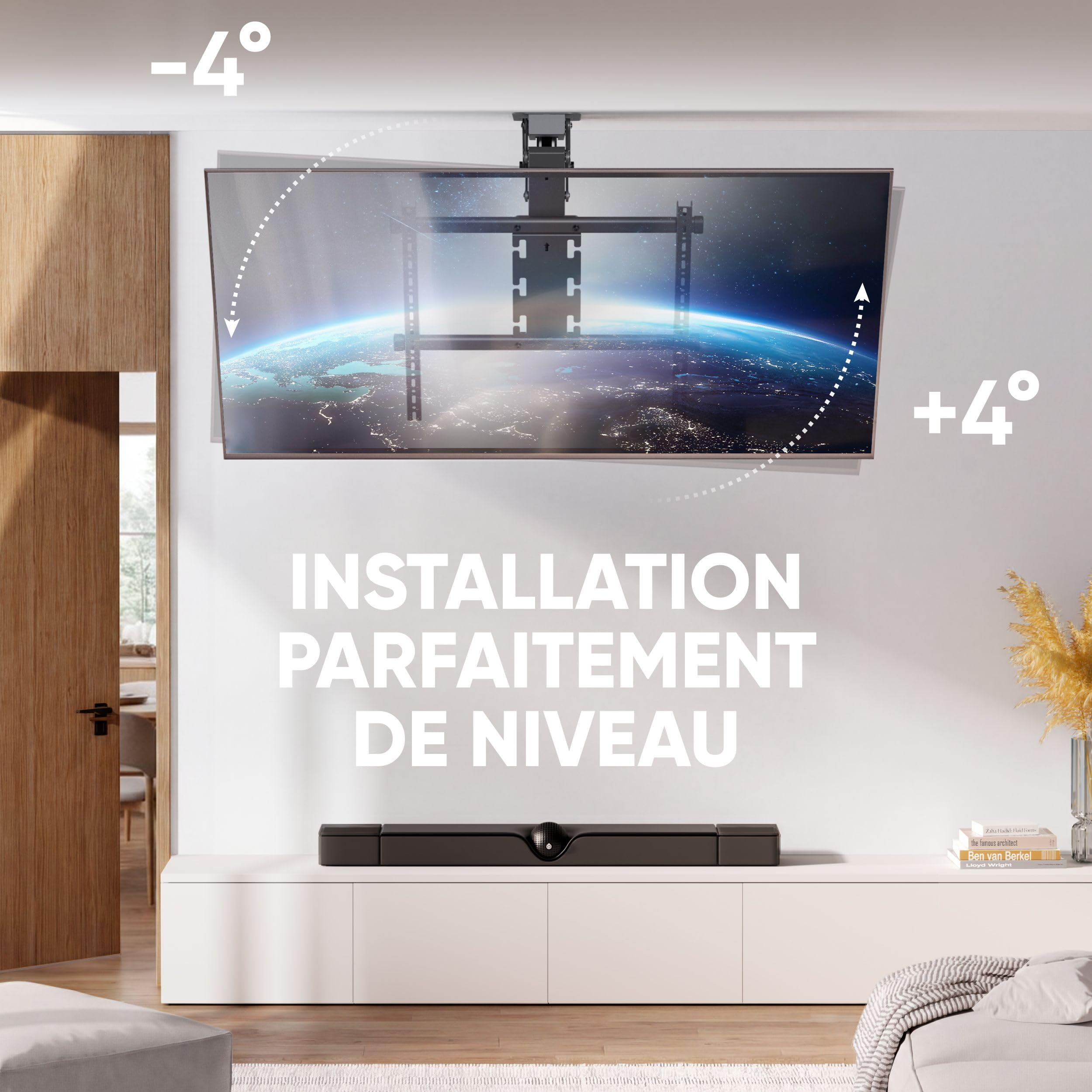 ONKRON Support TV Plafond Motorisé pour 50-75 Pouces Téléviseur Jusqu’à 40 kg, Support Tele Motorisé VESA 200x200-600x600, Accroche Tele Electrique, Fixation Television sous Pente Noir N3LE-B