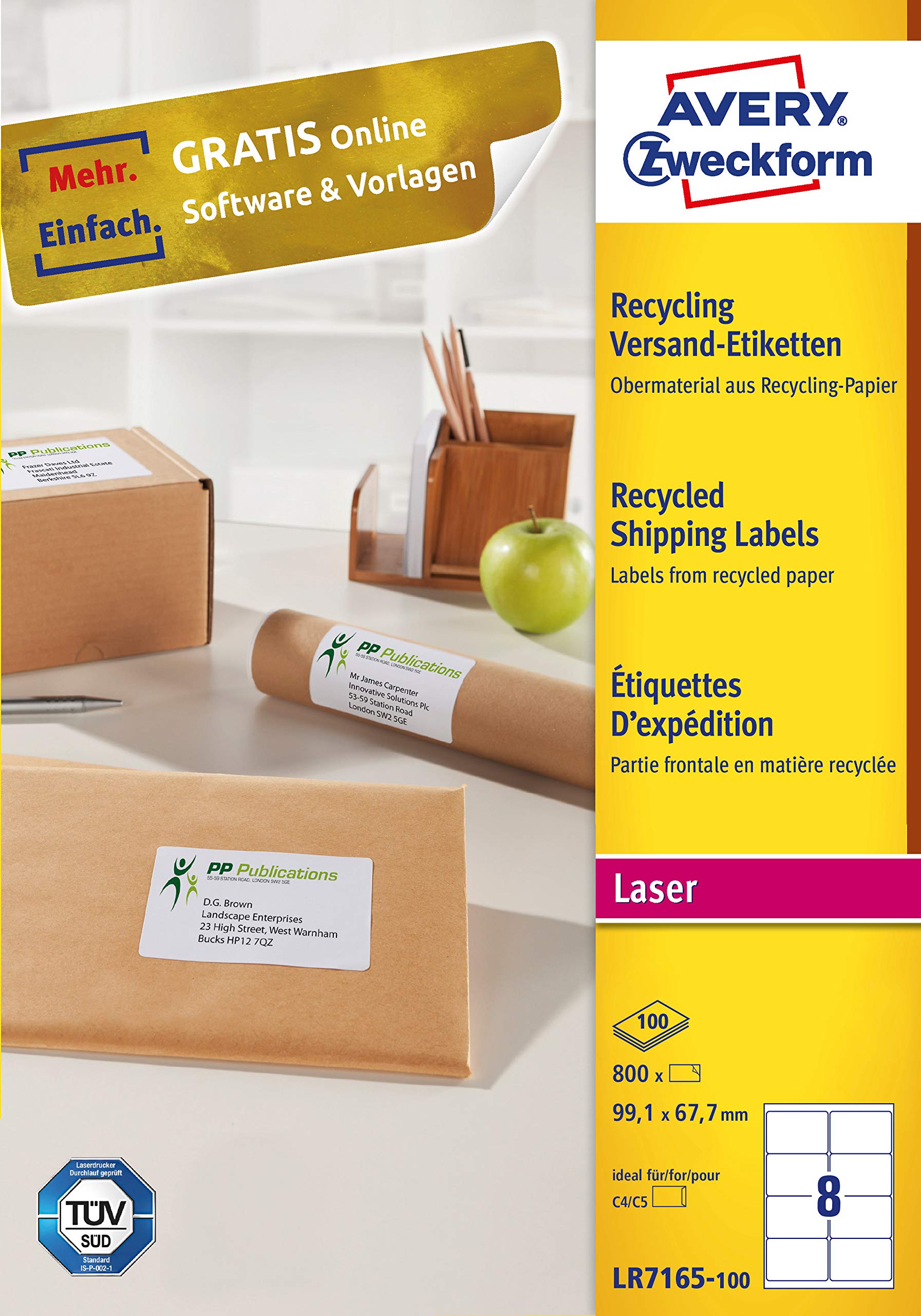 Avery Zweckform LR7165-100 - Etichette riciclate, 99,1 x 67,7 mm, 800 etichette su 100 fogli, autoadesive, stampabili, carta opaca, 100% carta riciclata, colore: Bianco naturale