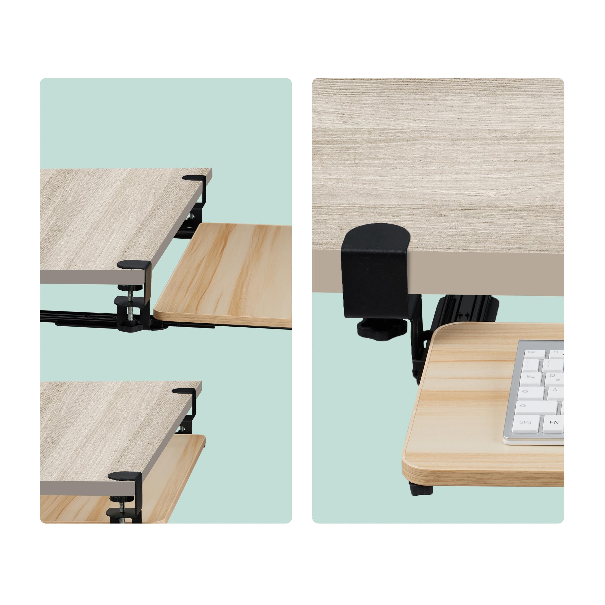 Relaxdays Extensor Escritorio, 65 x 24 cm, Plegable, con Pinzas, Bandeja Teclado Ergonómica, Efecto Madera, Natural