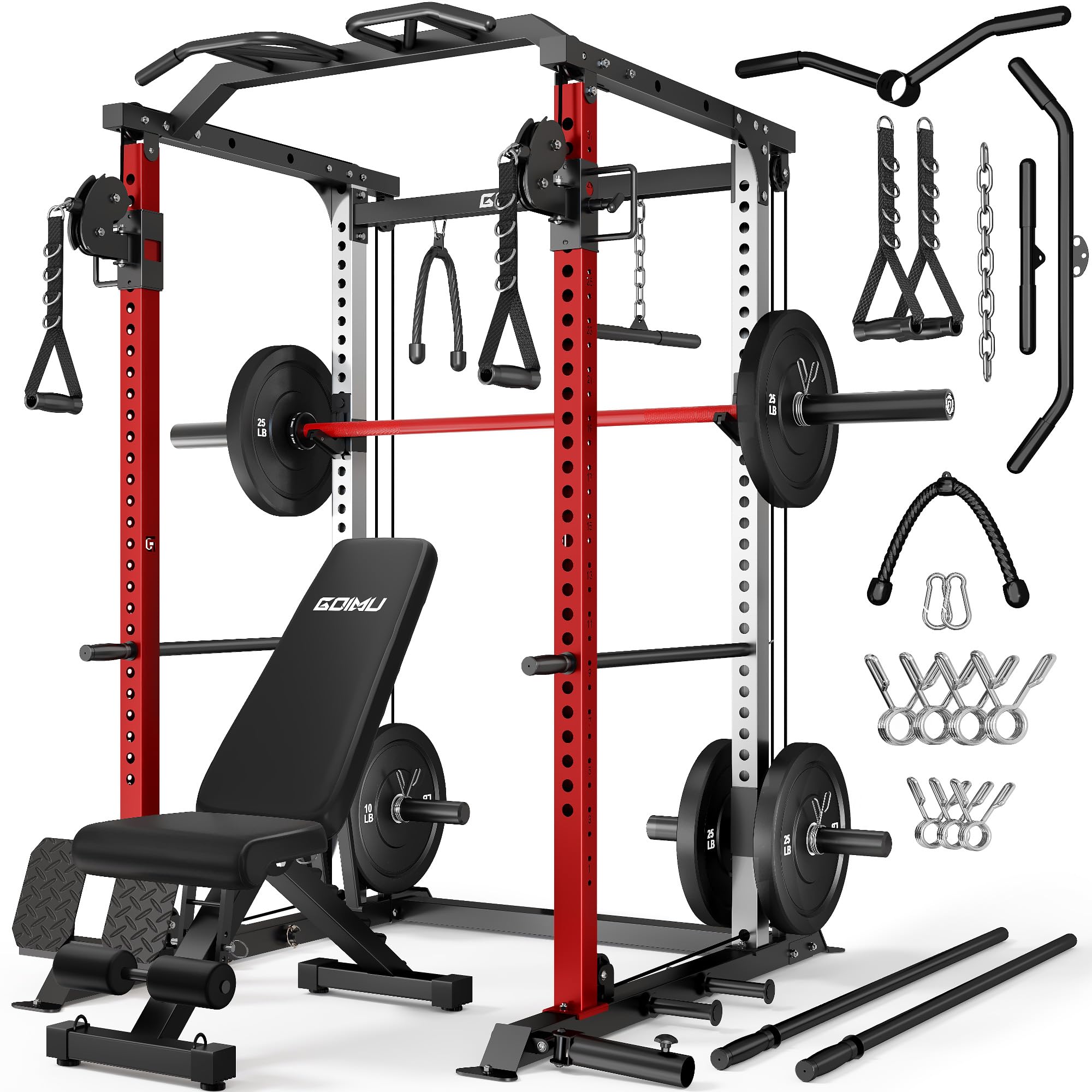 DP01 Power Cage, 2000LBS Squat Rack with Cable Crossover and Dual Independent Pulley System, Full Cage for Full Body Training, Power Rack with More Training Attachments for Home Gym