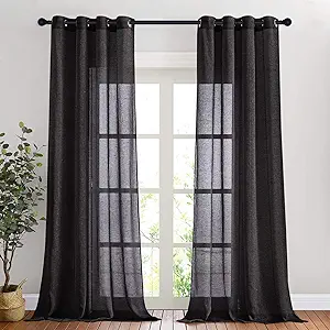 NICETOWN Black Curtains Linen Sheer Textured, Grommet Semi Sheer Linen Blend Bedroom Curtains Privacy with Light Through Window Treatment for Boys Room/Office, W52 x L90, 2 Pieces