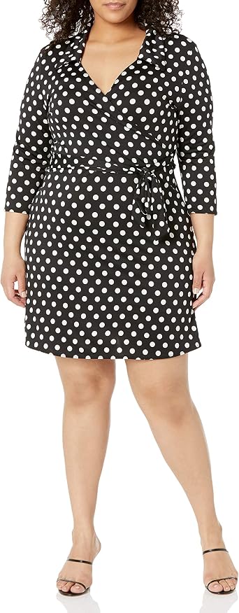 Star Vixen Womens Plus-Size 3/4 Sleeve Fauxwrap Dress, Black/White Dot, 1X