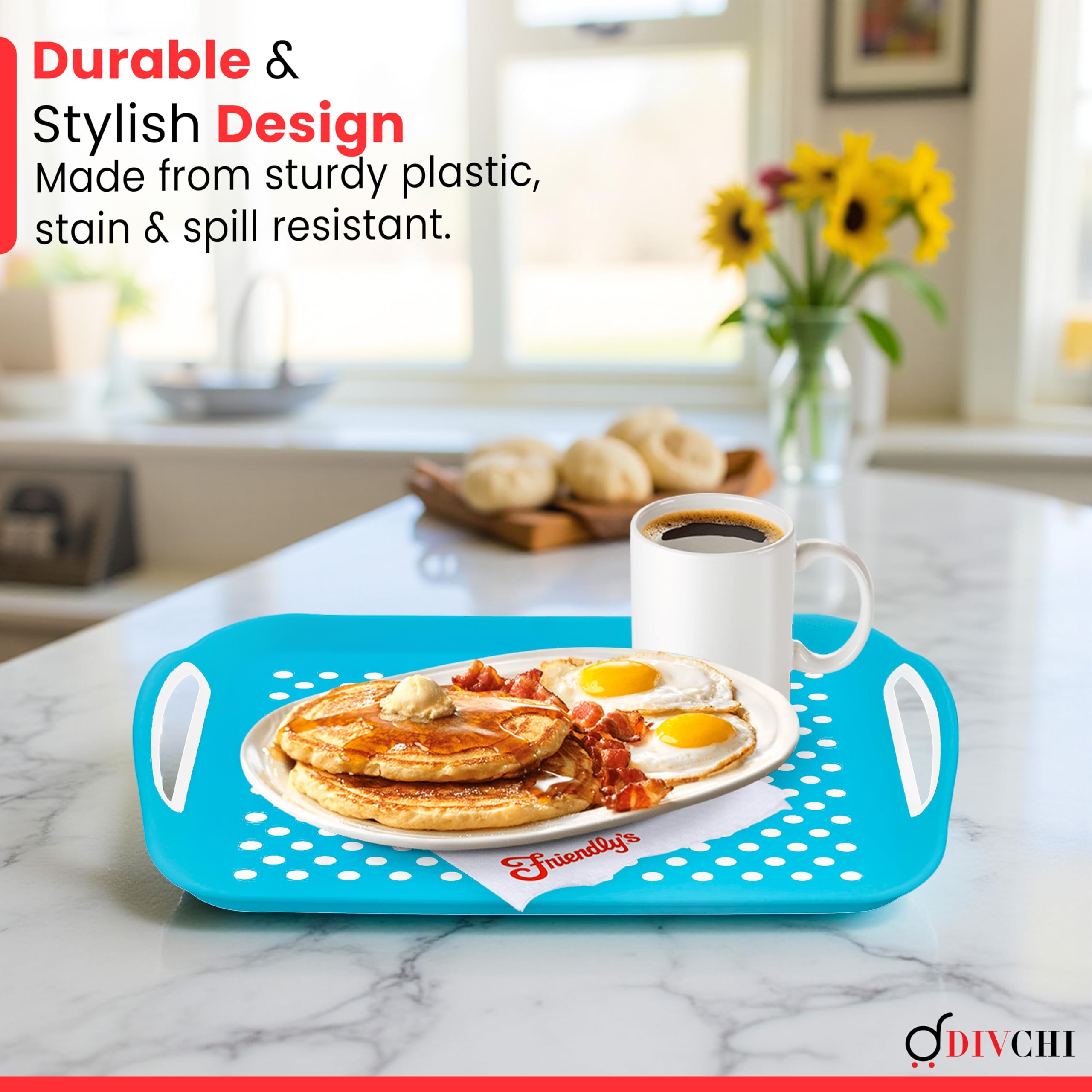 DIVCHI Juego de 2 bandejas para Servir, Tablas Antideslizantes con Asas de Agarre, Ideal para preparación de Alimentos, té, Desayuno en la Cama, Bandeja de plástico para Comedor Estable, Apto para