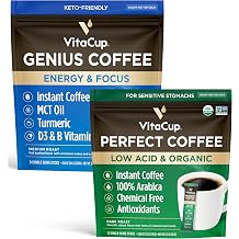 VitaCup Organic Perfect Dark Roast Low Acid Instant Coffee Sticks 24 Ct & Genius Instant Keto Coffee Sticks 24 Ct Medium-Dark Roast for Energy & Focus, MCT Oil, Turmeric, Cinnamon, Vitamins
