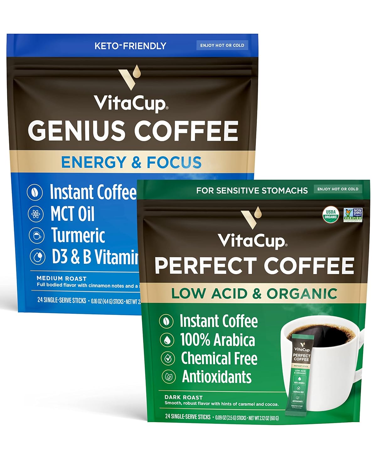 VitaCup Low Acid Organic Perfect Dark Roast Coffee Sticks