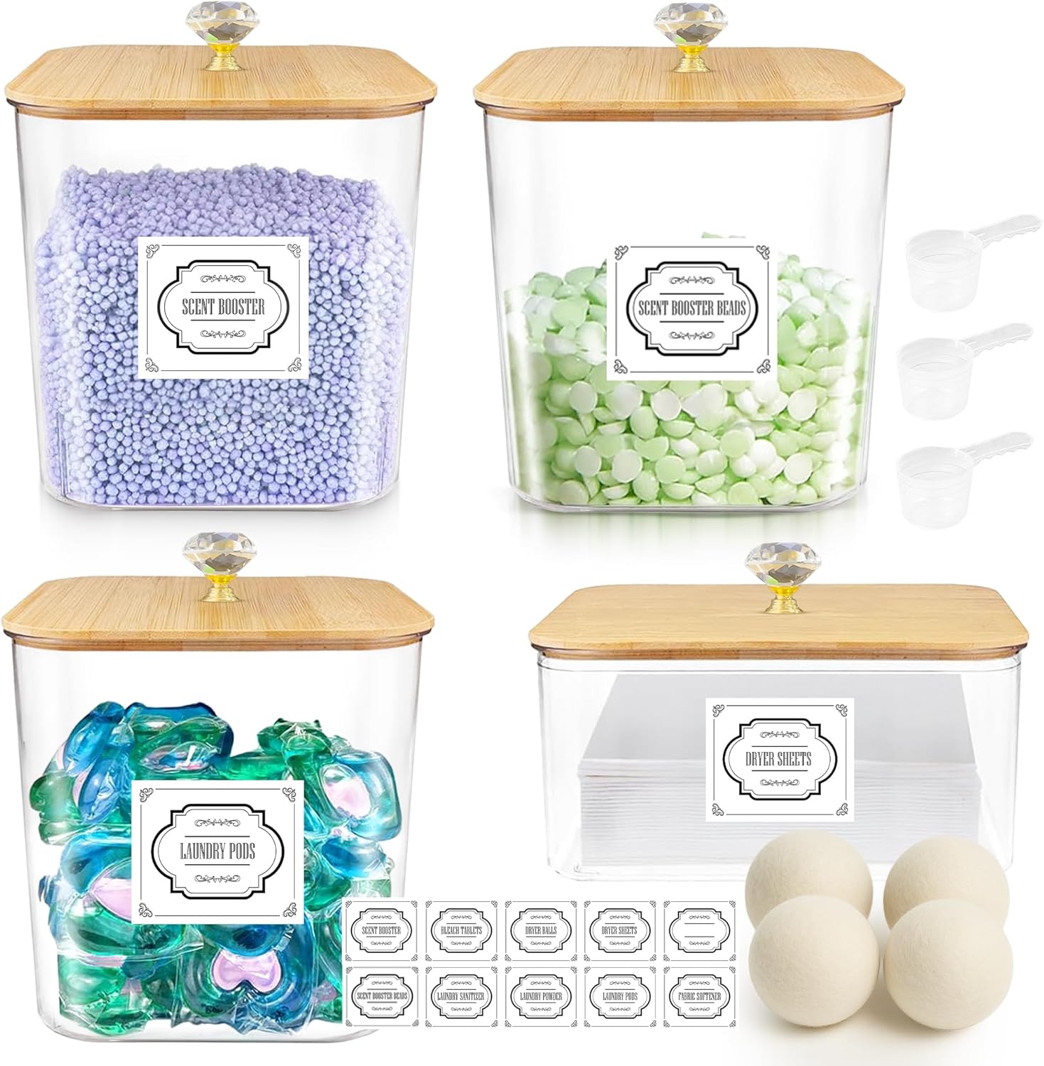 4 Pieces Laundry Detergent Dispenser , Laundry Pods Container , 2 Wool Dryer Balls Included , PET Laundry Room Organization , Laundry Soap Dispenser , Laundry Detergent Container , Detergent Dispenser