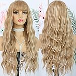 ANDRIA Blonde Wig Brown with Blonde Stripe Highlight Long Loose Curly Wavy Wig with Bangs Synthetic Heat Resistant Fiber Hair Colorful Wigs for White WomenBrown with Blonde Stripe Highlight