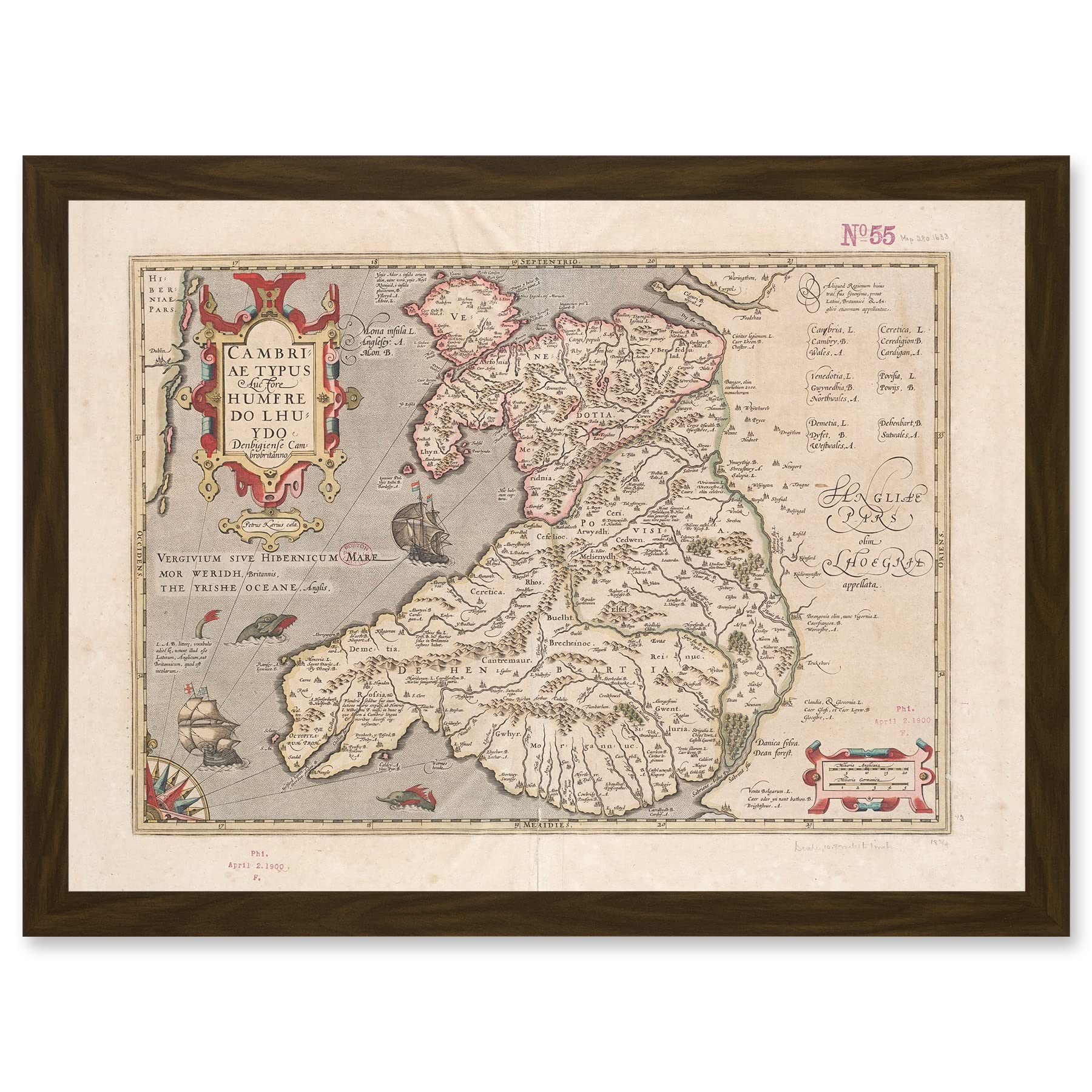 Artery8 Hondius 1633 Welsh Latin Early Map Wales Cymru Artwork Framed Wall Art Print A4