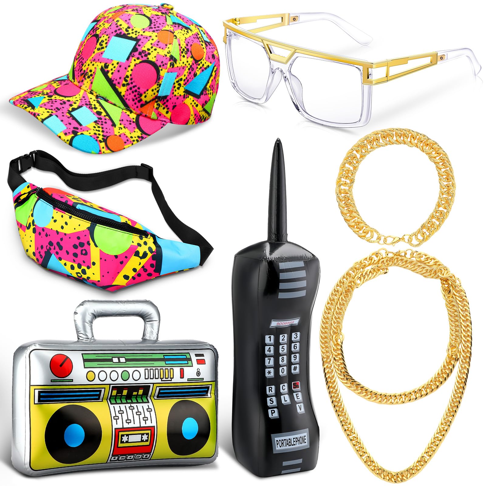 Paterr 7 Pcs 80s 90s Hip Hop Costume Kit 80s 90s Fanny Pack 90s Outfit Hat Glass Faux Gold Rope Chain Inflatable Radio Boombox Inflatable Mobile Phone for Women Men Rapper DJ Costume Halloween Cosplay