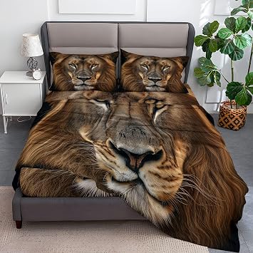 Fitted Sheet Animal Frontal Lion Portrait Comfort Soft Sheet Set Queen Decorative Printed Microfiber Fitted Sheet Yellow 4 Piece Sheets with 16" Deep Pocket
