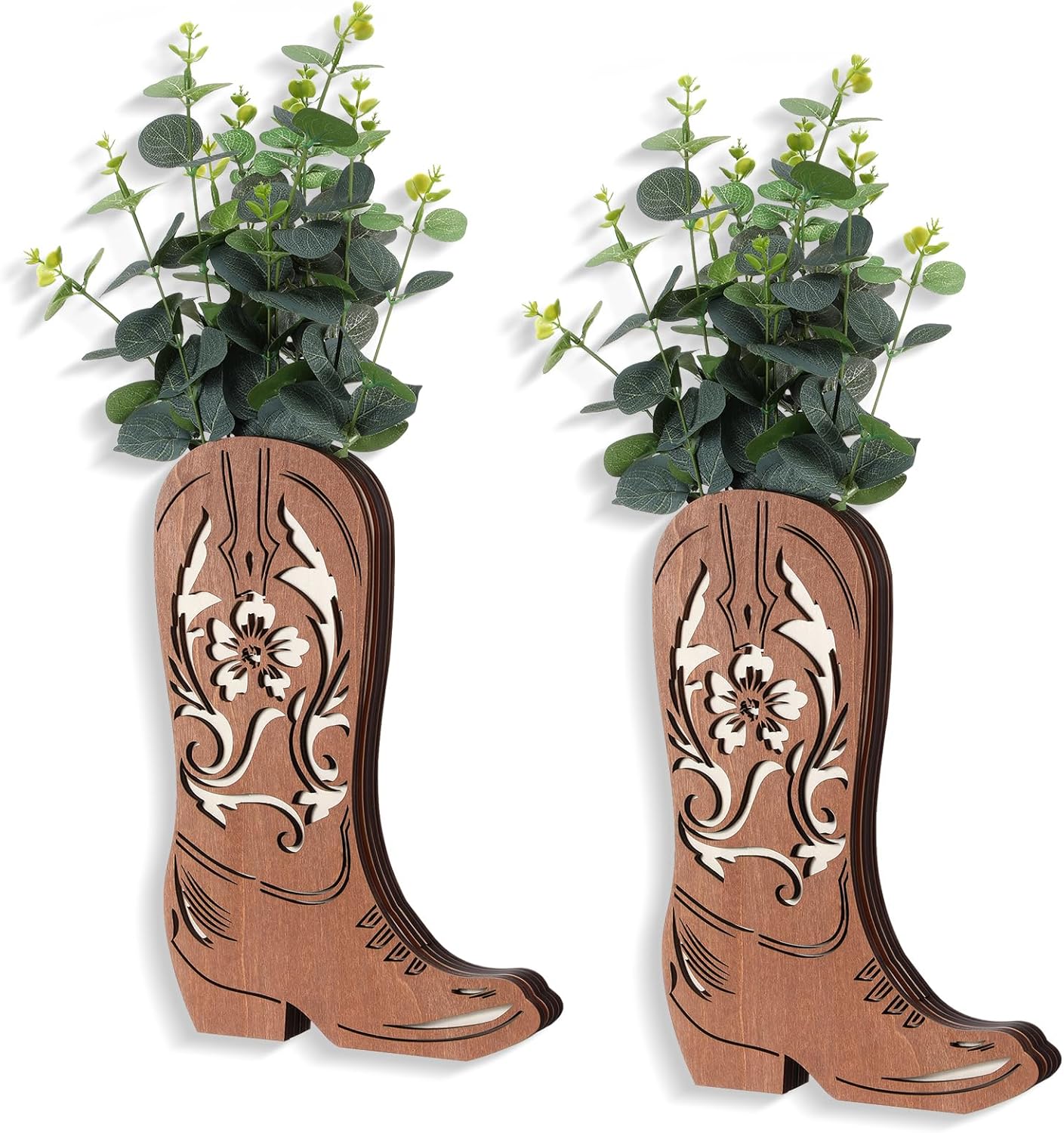 Havawish 2 Pcs Western Wall Decor Wood Cowboy Boots Wall Planter for Indoor Plants 12 x 8'' Western Boot Flower Hanging Vase for Flower Faux Rustic Home Decor for Bathroom Bedroom(Vivid Style)