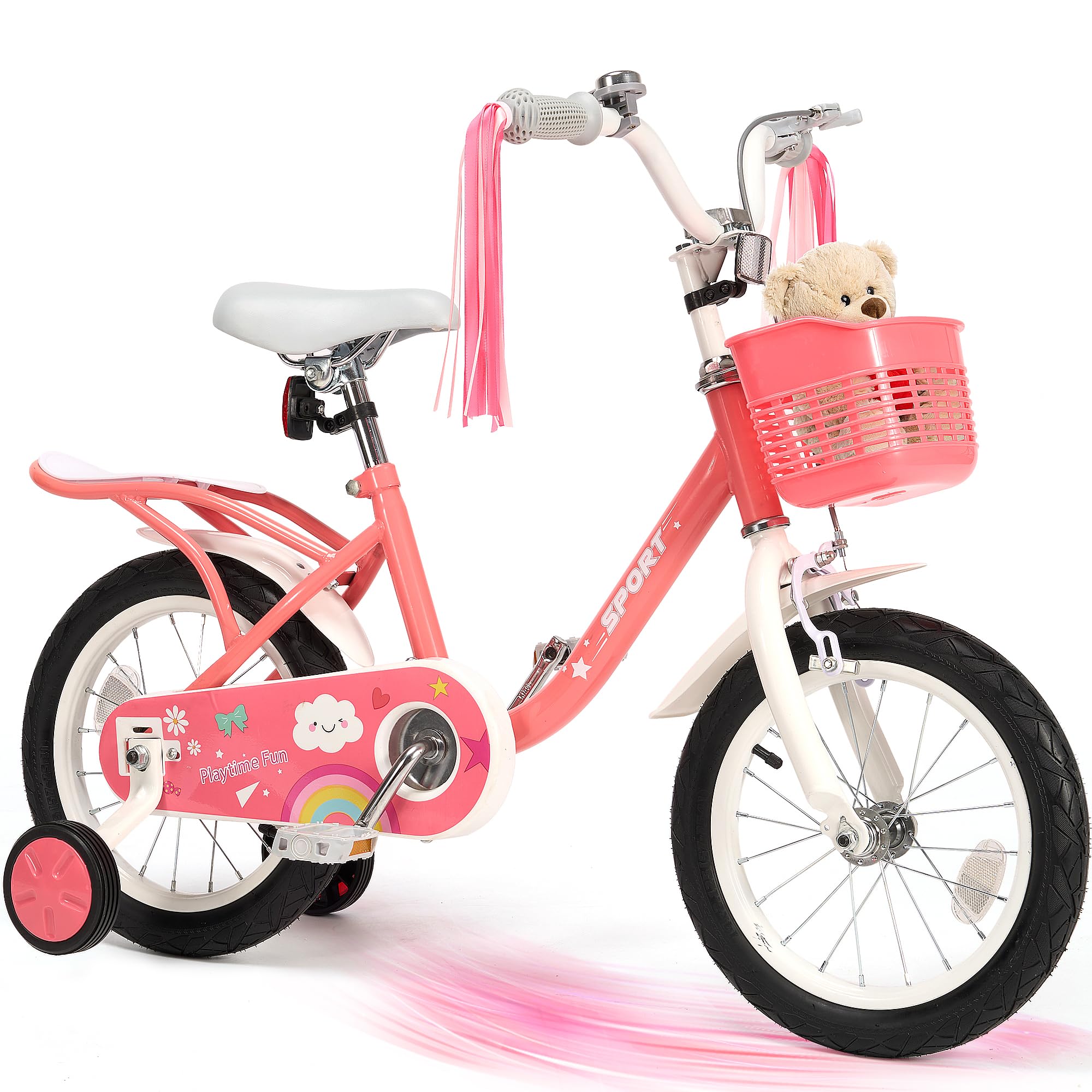 BODIOO Kinderfahrrad 12/14 Zoll Fahrrad für Mädchenmit und Jungen Stützrädern & verstellbarem Sattelfür Spielrad mit Korb & Klingel Fahrer von 94 bis 107 cm-Rosa