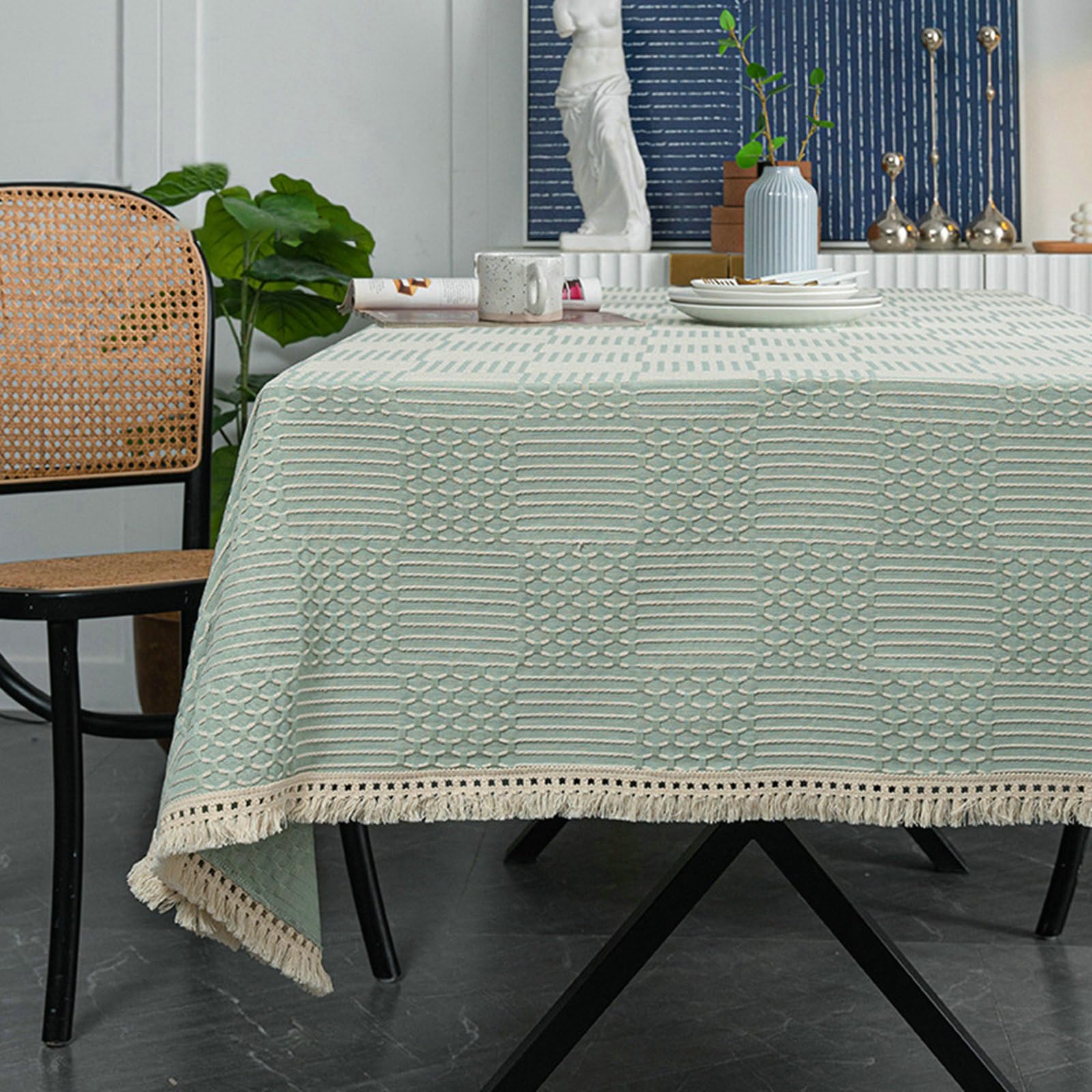 Tischdecken 100 x 160 cm Grün, Rechteckig Tischtuch Abwaschbar Polyester Geflochtenes Gitter mit Quasten Tischdecke für Küchentisch