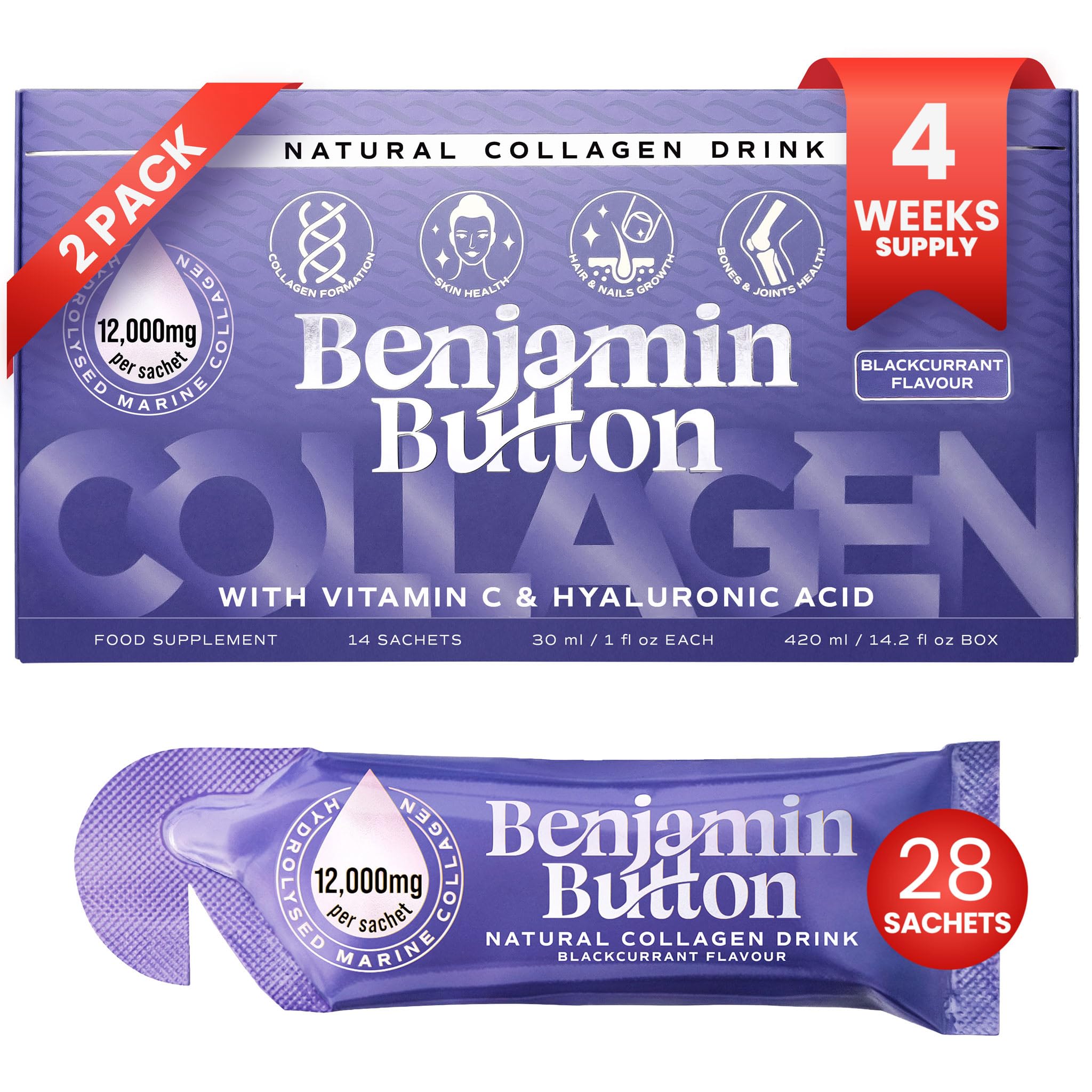 Benjamin Button 12,000mg Marine Collagen Liquid Shots| High Strength Hydrolyzed Marine Collagen Peptides w/Hyaluronic Acid & Vitamin C for Skin, Hair & Joints | Mango, 14 Daily Servings 30ml — Amazon image 15