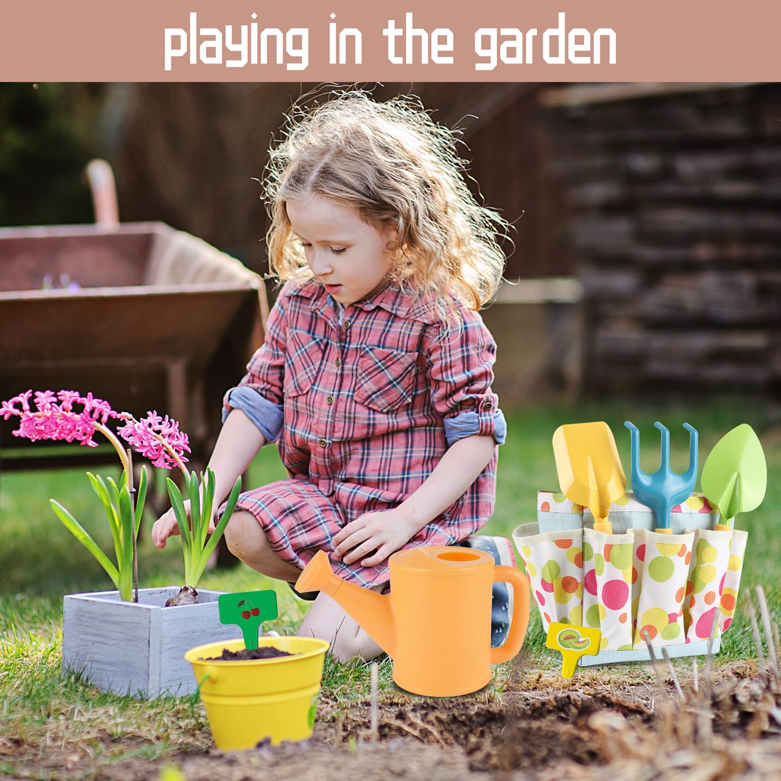 Juego de jardinería para niños, herramientas de jardinería para niños con regadera, pala, rastrillo, guantes, delantal impermeable y bolsa de almacenamiento, herramienta de jardín para niños 6
