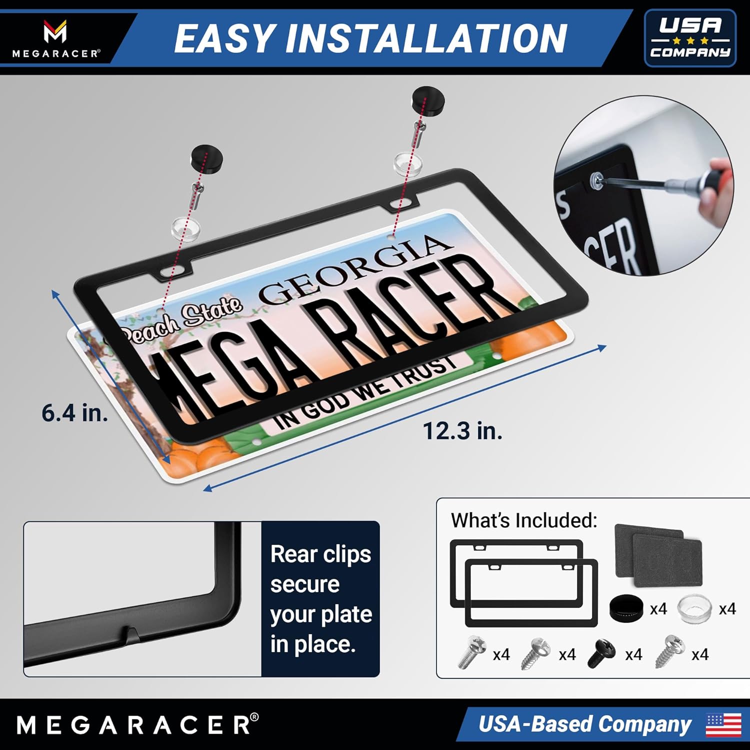 Powder-Coated Matte Black Thin License Plate Frames – 2 Pack, Car Wash Proof Stainless Steel, Rust-Free, Rattle-Free, Street Legal, Slim 2 Hole with Screw Caps, Gloss Metal Front & Rear Tag Holders