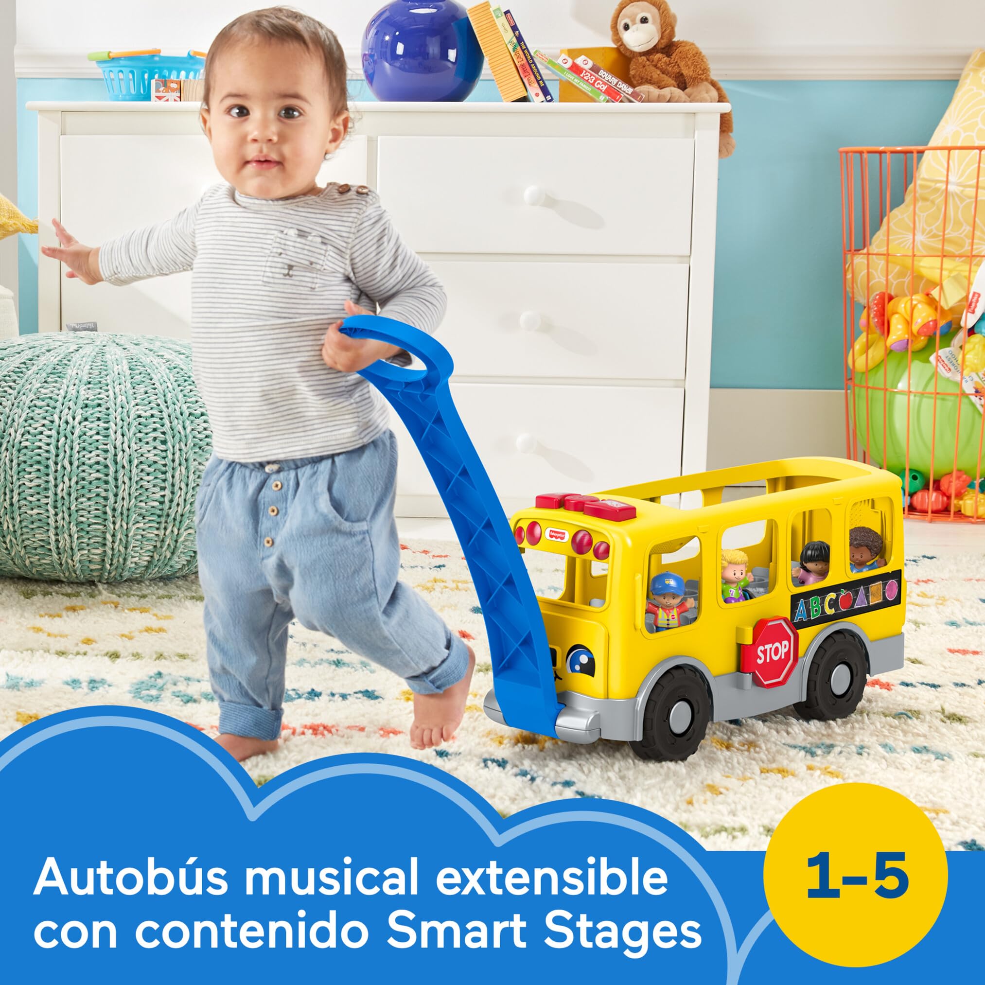 Fisher-Price Little People Autobús Escolar Grande Juguete de Arrastre con 4 Figuras, bebés +1 año, versión español (GTL68)