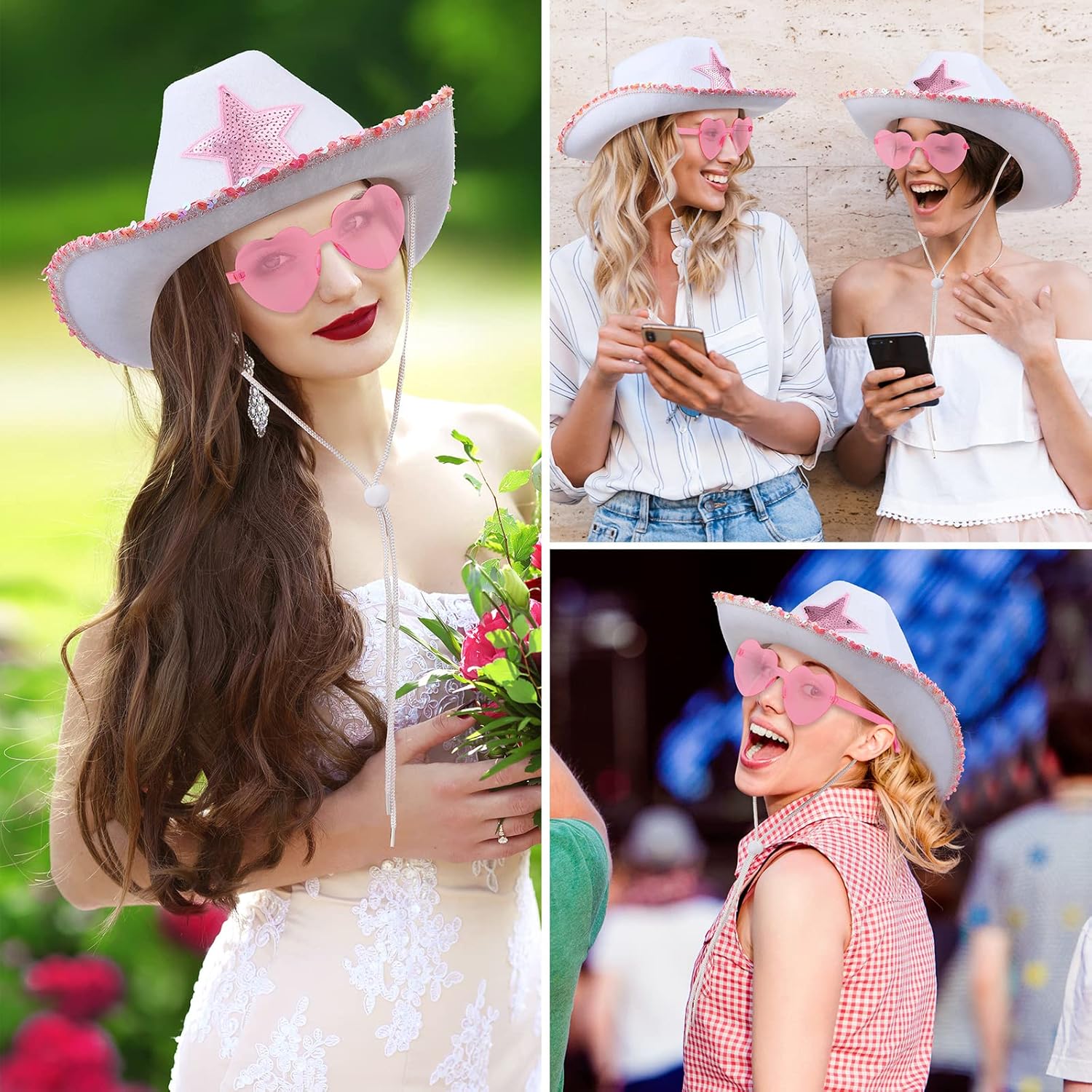 36 Pcs Adult Cowboy Hat with Bandanna Heart Sunglasses Unisex Felt Cowboy Hat Western Party Hat Cowboy Costume (Pink White) - Image 4