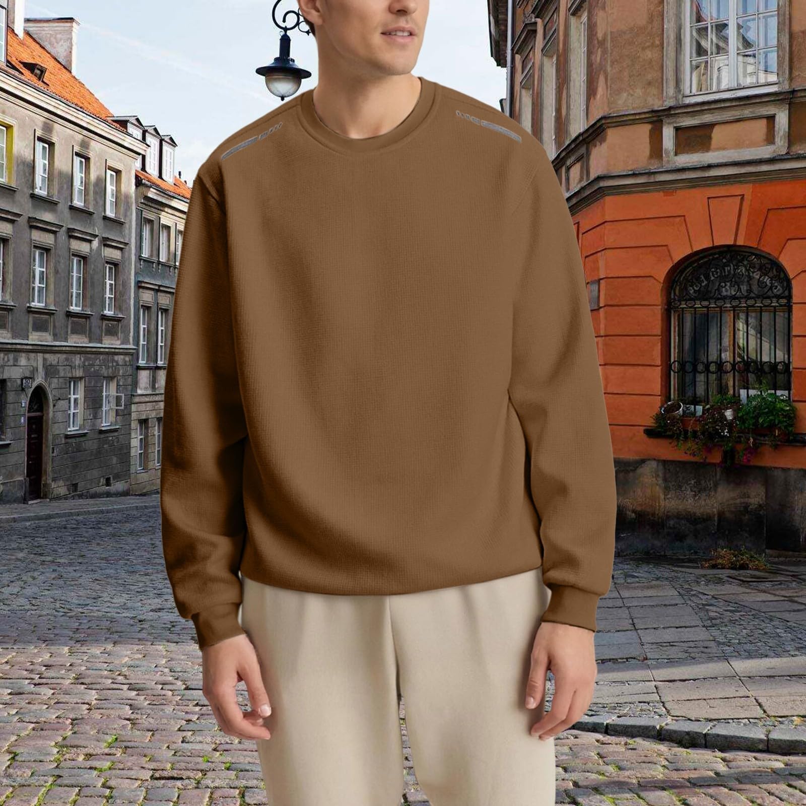 DENGJIAMY Sweat-shirt gaufré classique basique à col rond pour homme