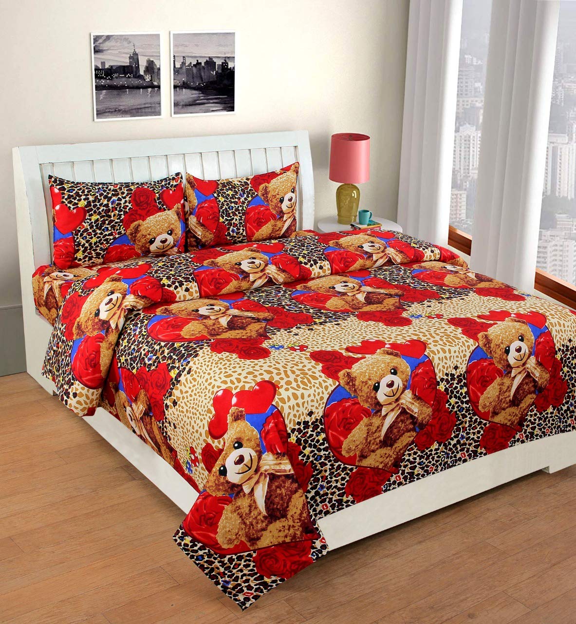 SHIVI CREATION Prime Collection 144 TC 3D Printed Poly Cotton Double Bedsheet with 2 Pillow Covers (Multicolour, 90 x 90 Inch) - Teddy Bear