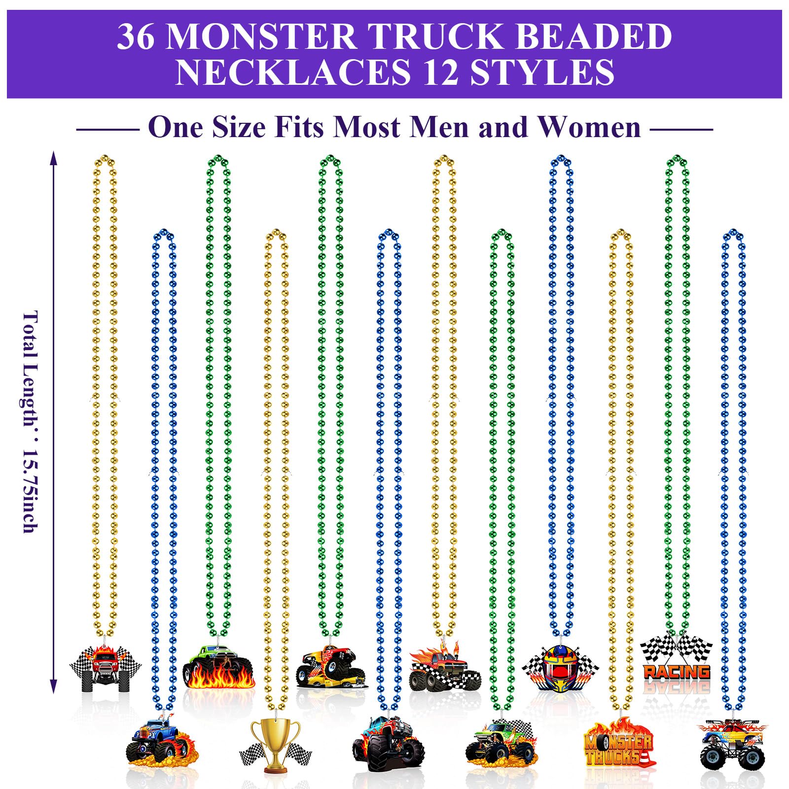 Halloscume 36 Pcs Monster Truck Felt Beaded Necklaces Bulk 12 Types Monster Car Birthday Party Decorations for Truck Theme Race Car Birthday Party Favor Goodie Bag Stuffers Gifts
