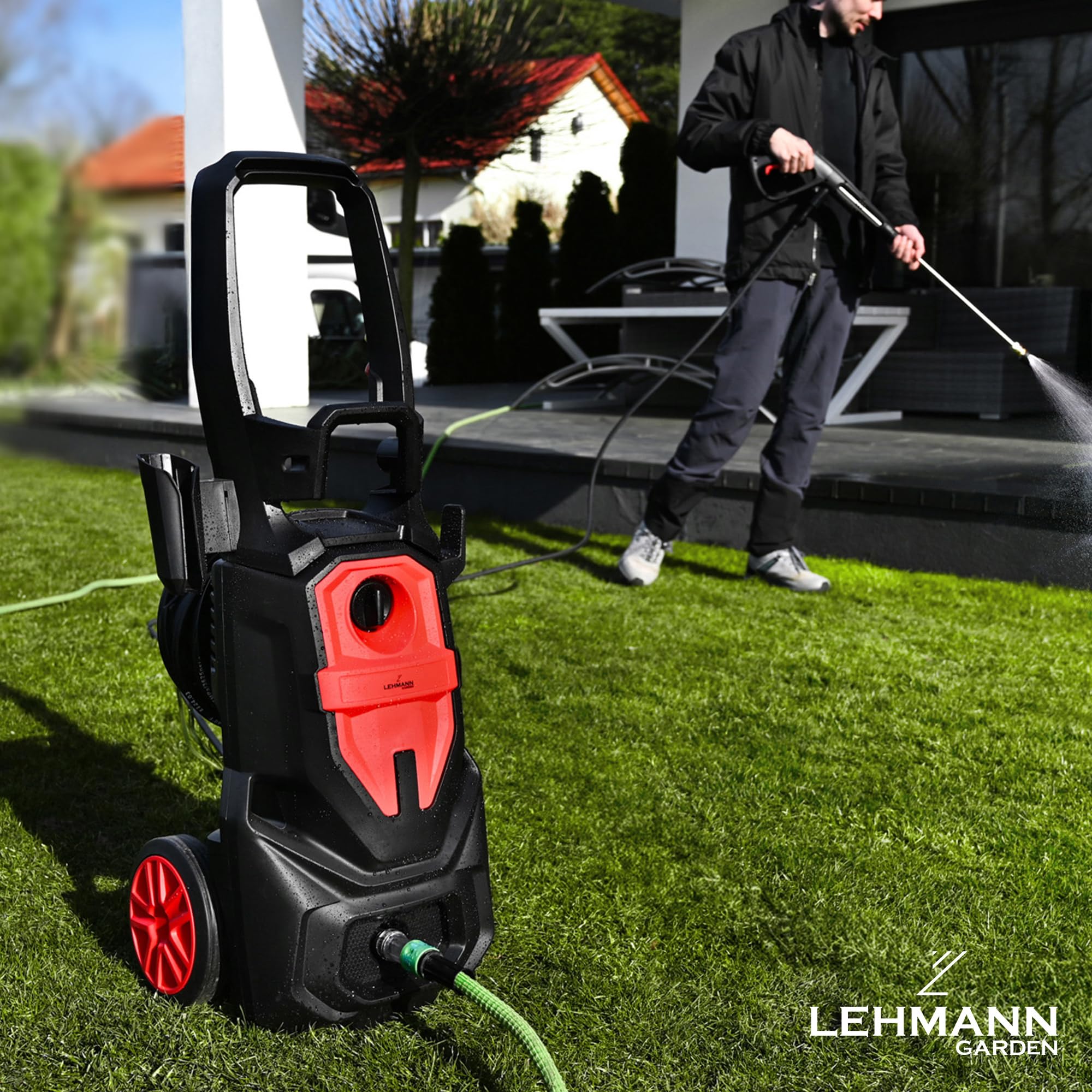 LEHMANN Idropulitrice Phoenix, 3000 W, max. 260 bar, Portata 480 l/h, Raggio d'azione 17 m, Motore a induzione, Lancia schiuma & 5 Ugelli intercambiabili, per Auto ed Esterni di Casa, Nero/Rosso