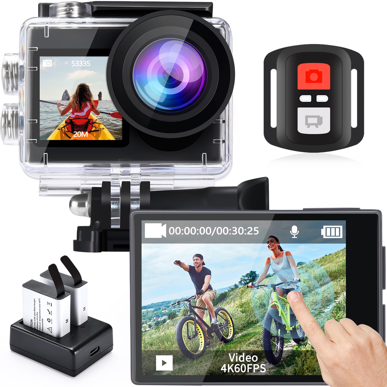 icefox Action Cam 4K 60FPS 20MP, Fotocamera Subacquea con EIS, Telecamera Subacquea con Zoom 5X, Telecomando WiFi e App per Modificare Video e Foto, Ideale per Ciclismo, Immersioni e Nuoto