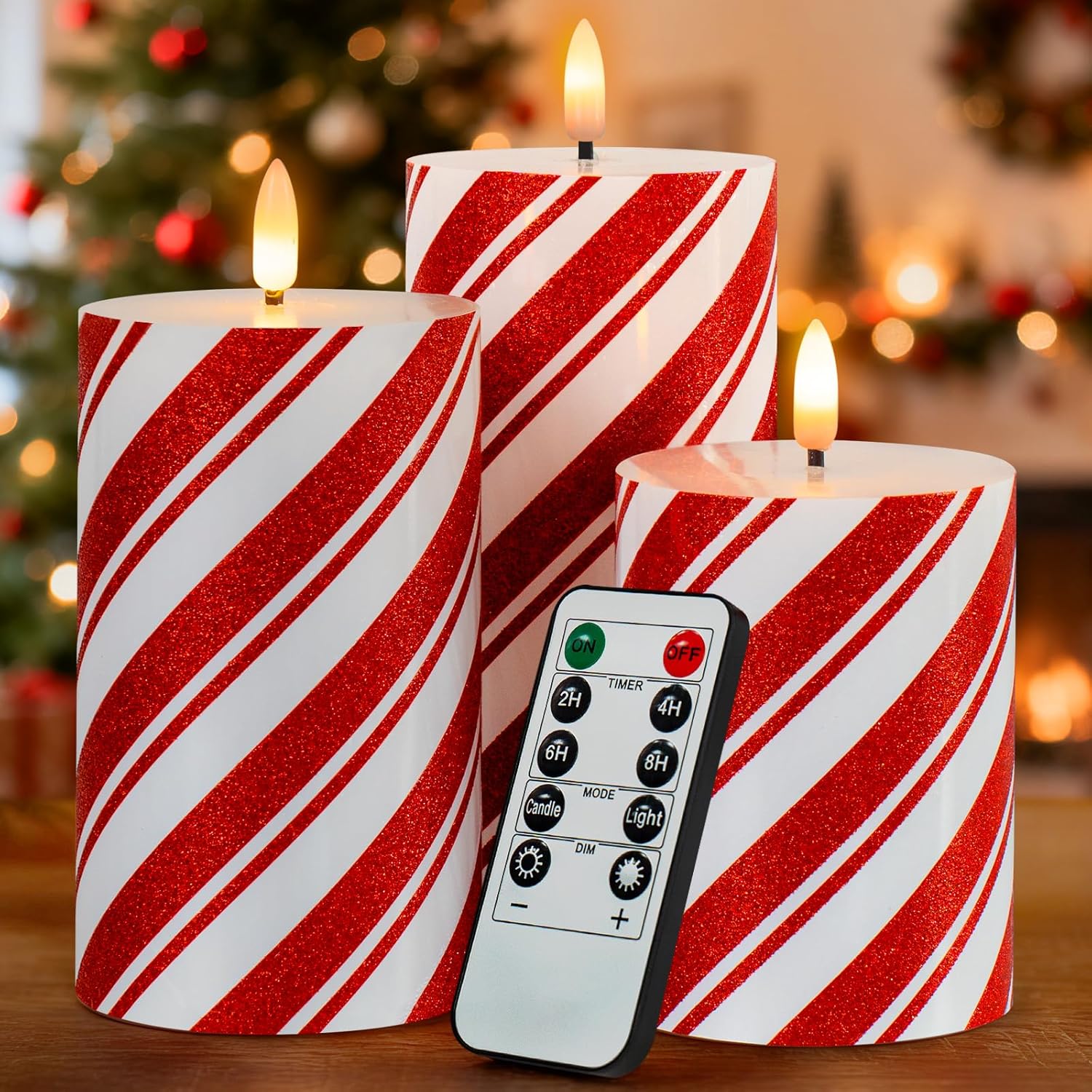 Christmas Glitter Red Stripes LED Flameless Candles, Battery Operated Real Wax Pillar Candles with Remote and Timer for Holiday Table Centerpieces Home Decorations, Set of 3