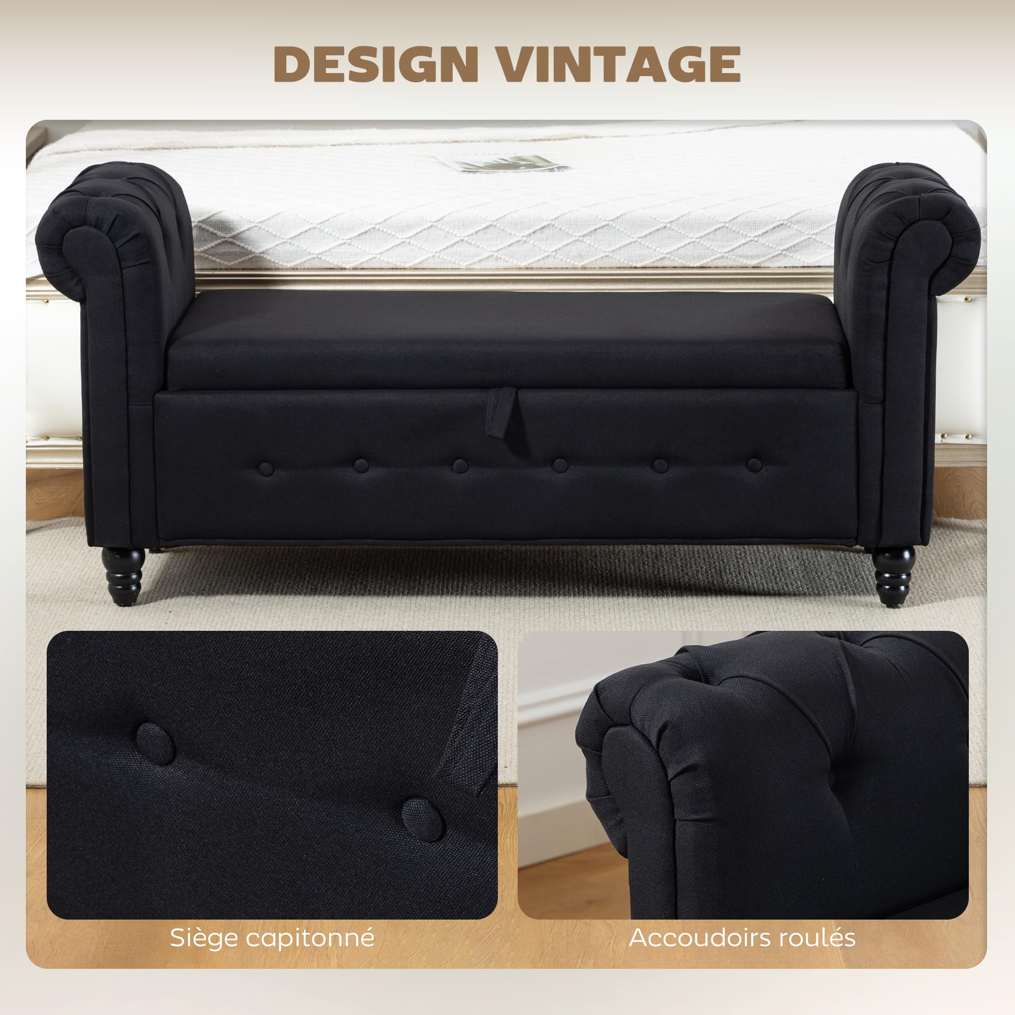 HOMCOM Banc de Rangement, Coffre de Rangement 146,5 x 49 x 72 cm Noir | Tissu Aspect Lin, Pieds en Bois