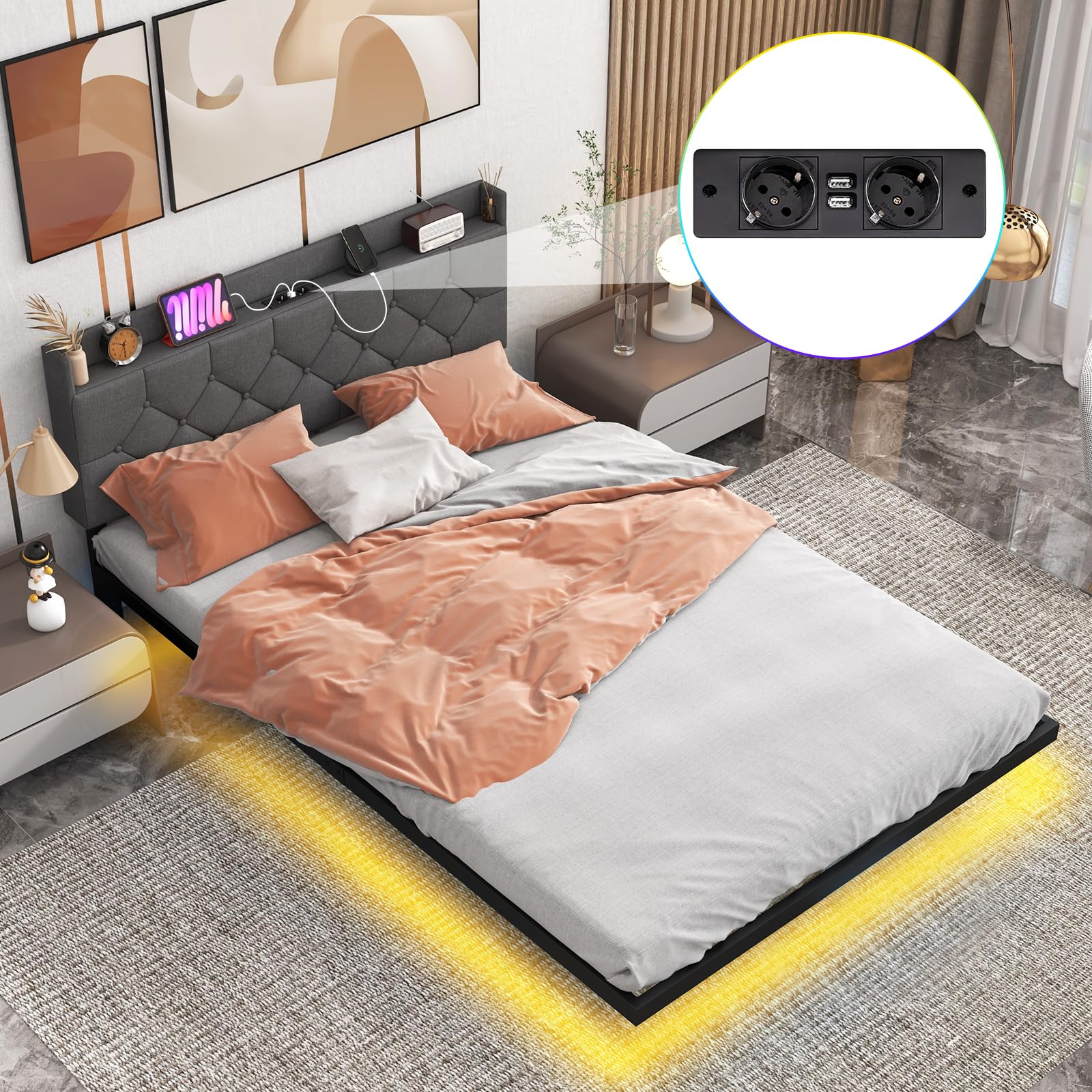 COSTWAY Łóżko tapicerowane z oświetleniem LED i stacją ładującą, 140 x 200 cm, łóżko z regulowanym, wyściełanym zagłówkiem i stelażem, łóżko podwójne, rama łóżka