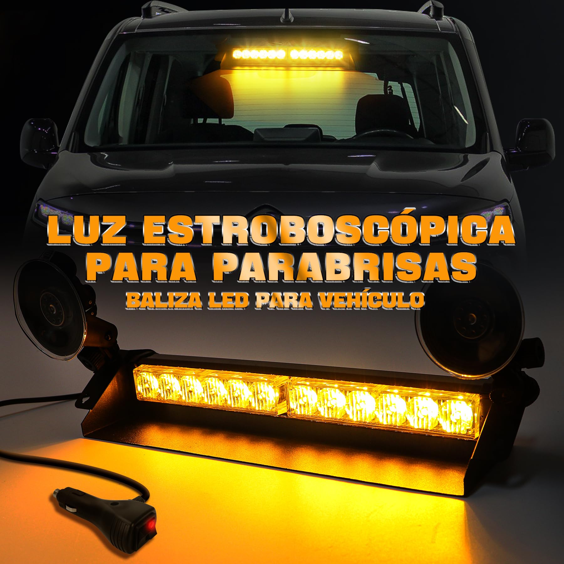 Barra LED de Emergencia Estroboscópica Ámbar 12V/24V para Camión, Coche y Furgoneta, 14 Pulgadas con 12 LEDs, 9 Modos Flash, Baliza de Advertencia IP66 para Seguridad Vial