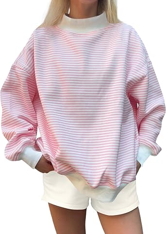 TERIVEEK Women Mock Neck Sweatshirt Oversized Mockneck Striped Long Sleeve Pullover 2026 Fall Spring Casual Lounge Tops
