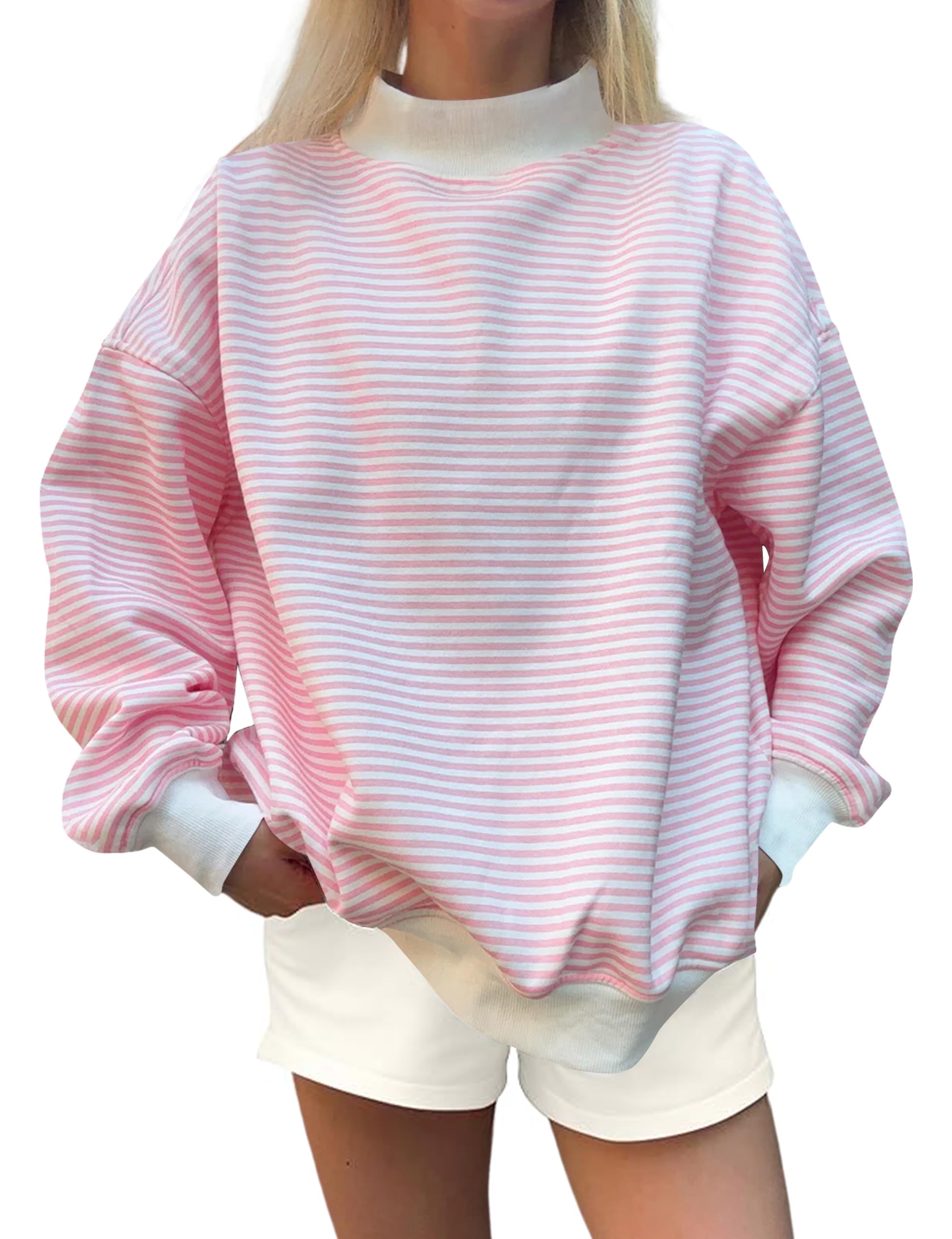 TERIVEEK Women Mock Neck Sweatshirt Oversized Mockneck Striped Long Sleeve Pullover 2026 Fall Spring Casual Lounge Tops Small Pink White