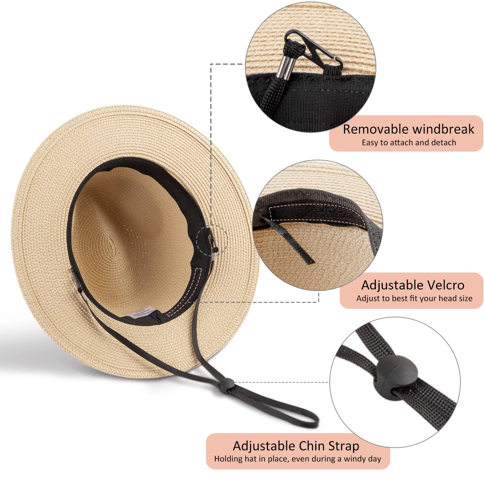 DRESHOW Donna Cappello Panama Cappello da Spiaggia in Paglia Fedora Cappello Arrotolato in Paglia a Tesa Larga Cappelli Panama UPF 50+