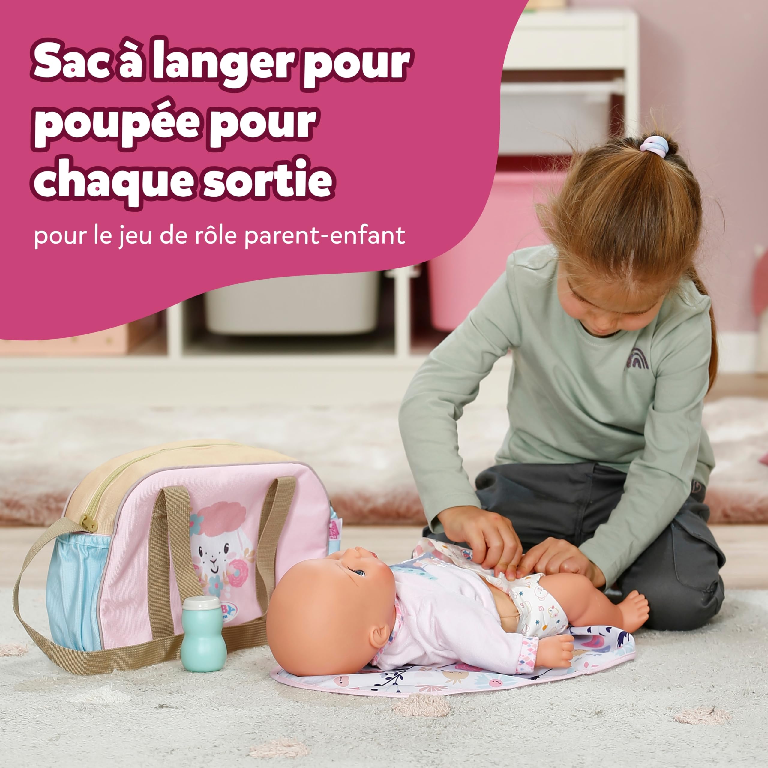 BABY born Sac à langer – Sac à langer pour poupées avec motif fleuri – Inclut tapis à langer, couche & boîte de poudre – Accessoire de poupée haut de gamme – Pour poupées de 36 cm & 43 cm