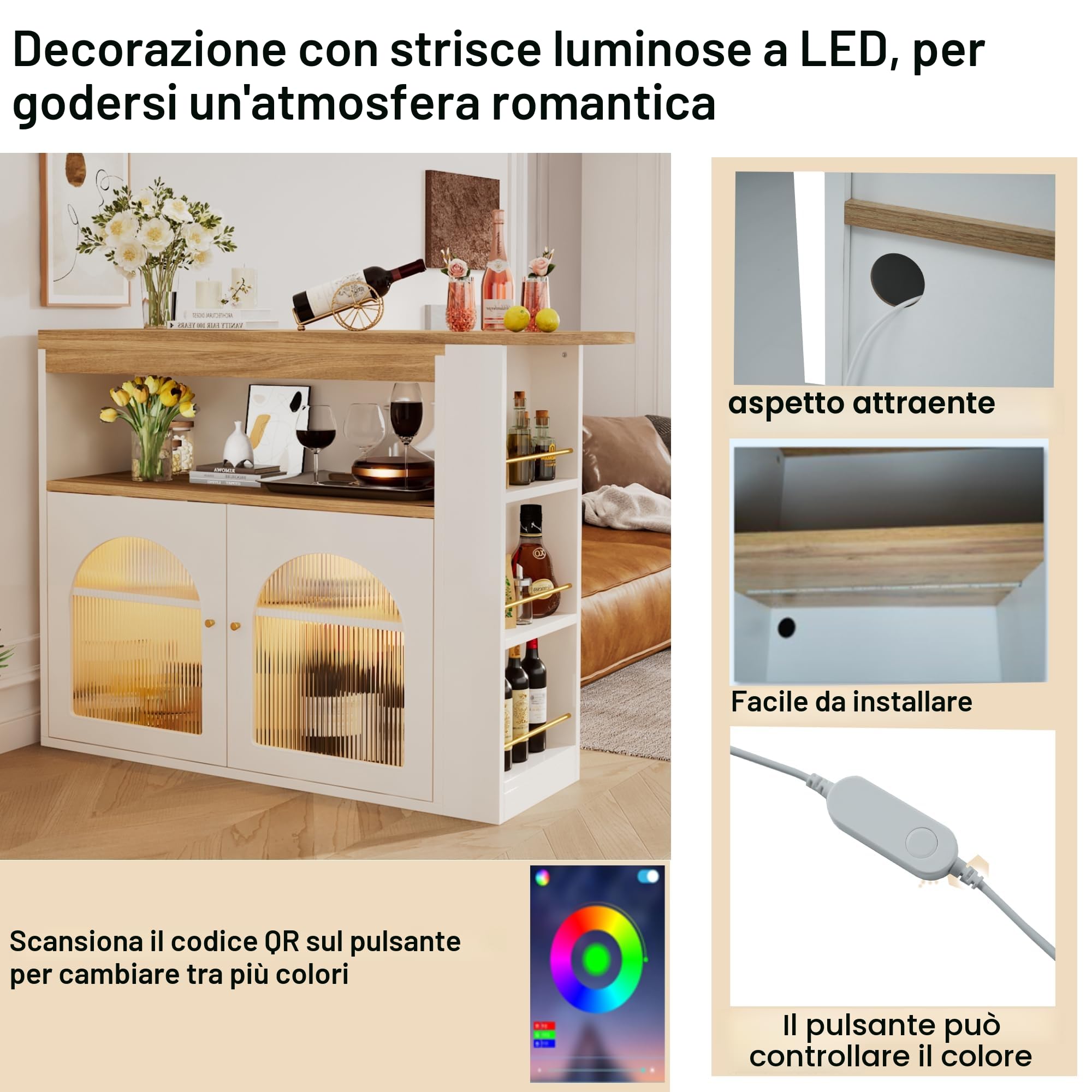 Moderno tavolo da bar allungabile, tavolo da pranzo allungabile con vano portaoggetti, tavolo da bistrot girevole, per sala da pranzo, con LED da 1 m (colore bianco)