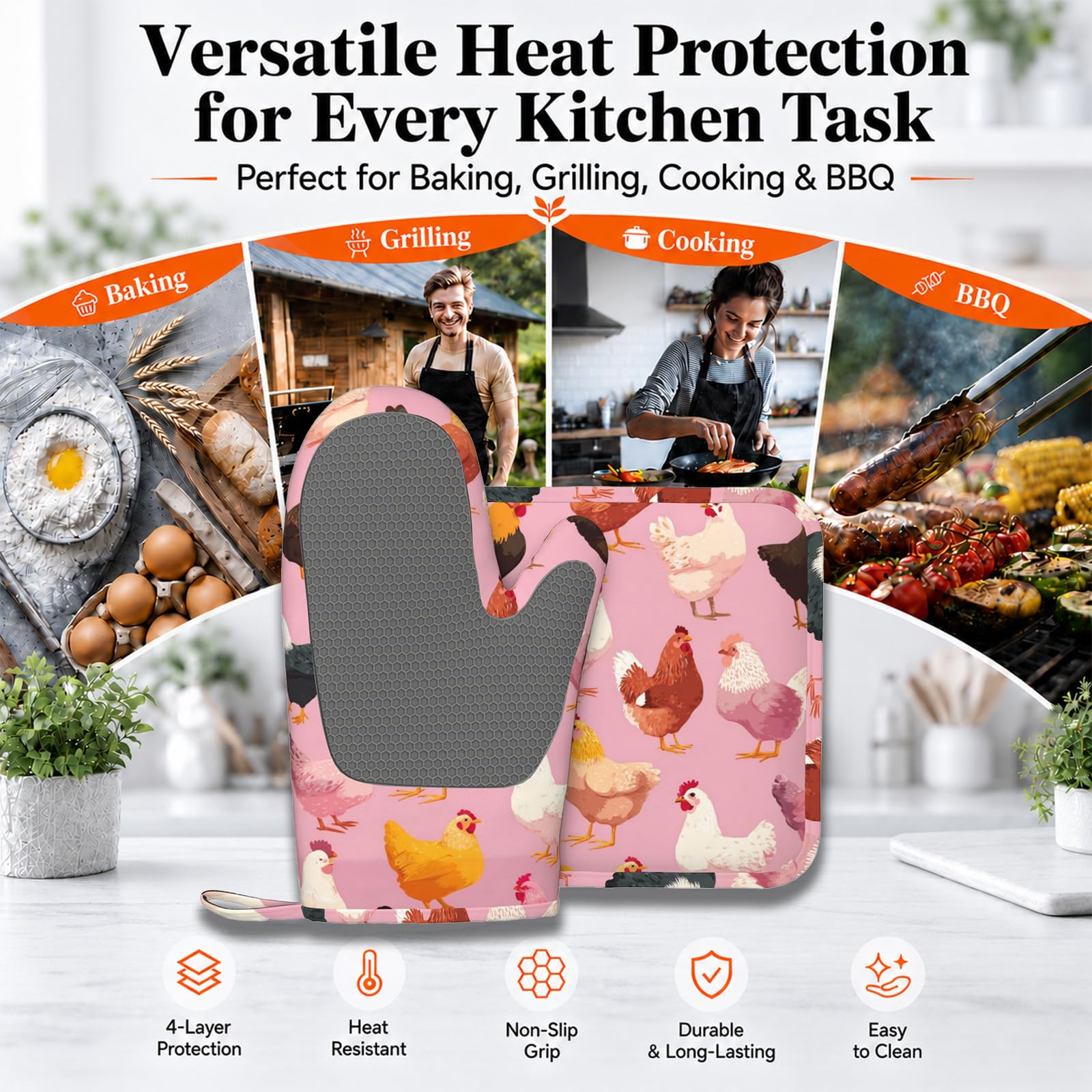 Ensemble de gants de cuisine et maniques en forme de coq et poule - Surface antidérapante en silicone pour barbecue, cuisine, pâtisserie, grillades