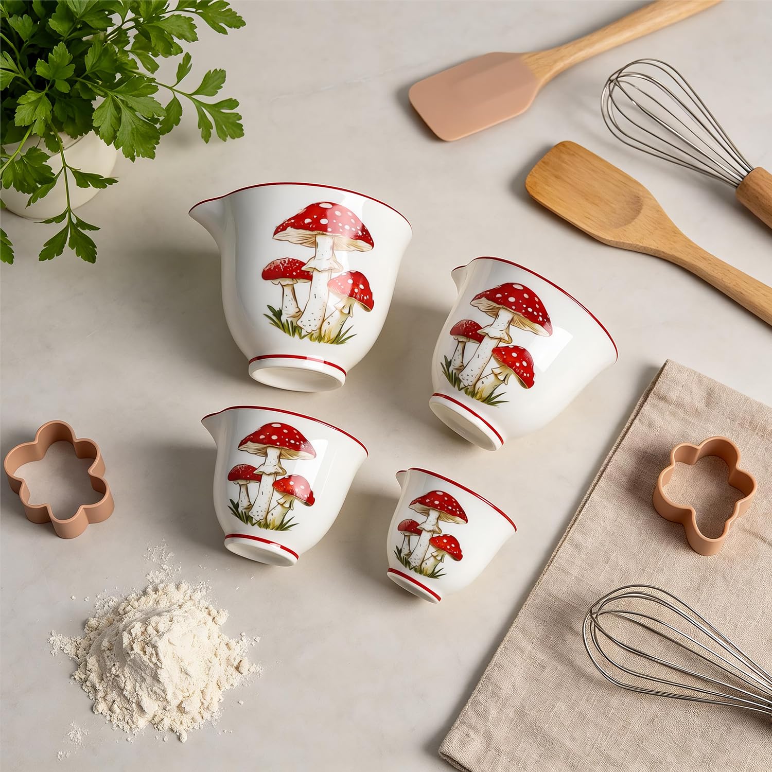 Sizikato Set di 4 misurini in ceramica a forma di fungo, per cucinare e cuocere al forno