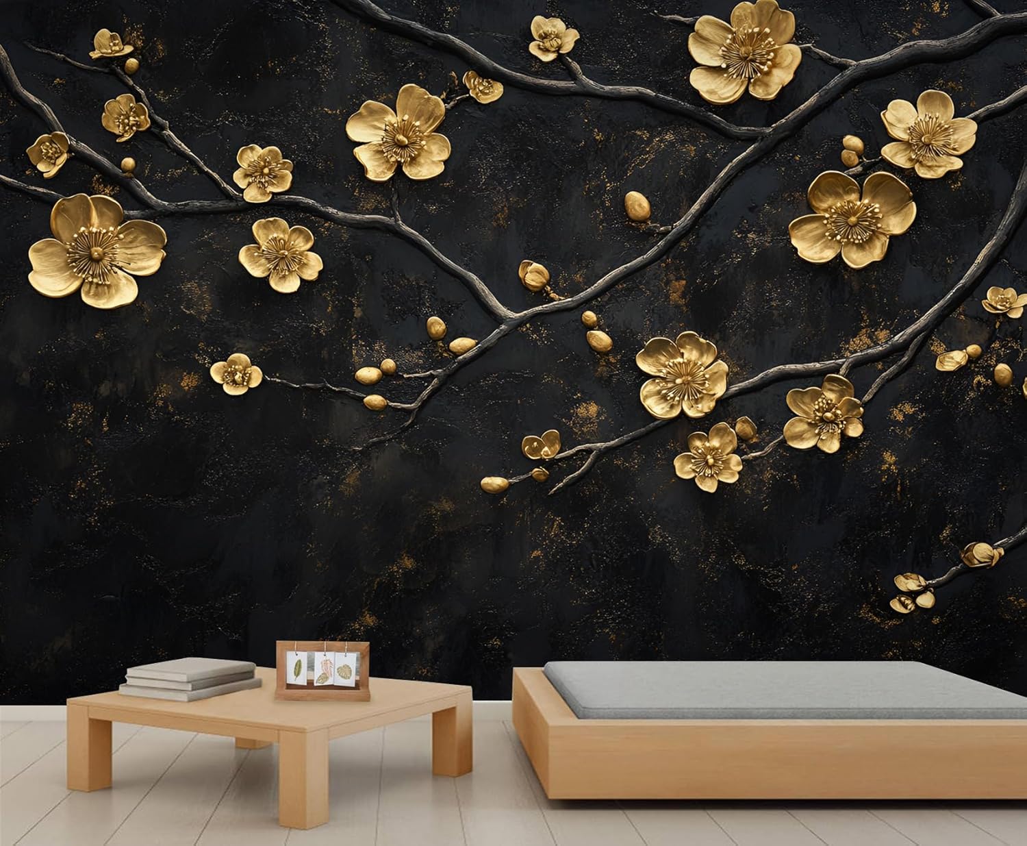 Gold Cherry Blossom Wall Murals, Black Gold Mural, European Style Large Wall Mural, Luxury Murals for Living Room Bedroom, Floral Home Decor & Gift - 157.5" W x 110.3" H