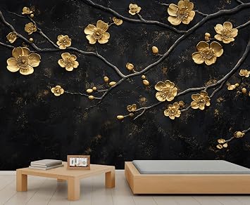 Gold Cherry Blossom Wall Murals, Black Gold Mural, European Style Large Wall Mural, Luxury Murals for Living Room Bedroom, Floral Home Decor & Gift - 137.8" W x 100" H