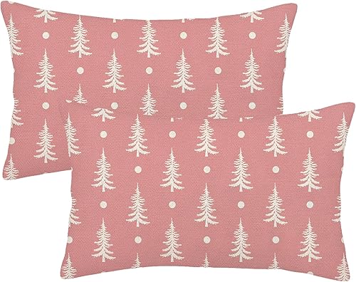 Juego de 2 fundas de almohada de Navidad de 12 x 20 pulgadas, color rosa árbol de Navidad, fundas de almohada de lino de lino estilo campestre