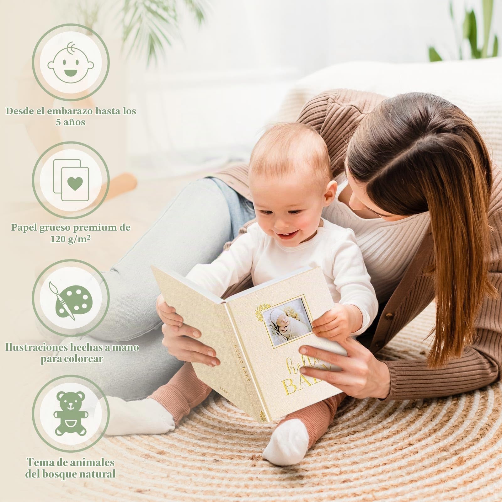 Lanpn Album Bebe Primer 5 Año para Niña Niño, Libro Recuerdos Bebé para Pegar Fotos y Escribir, Hello Baby Libros Cuaderno Diario Álbum Fotos Bébé Regalo Recién Nacido (Verde,154 Páginas, Inglés)