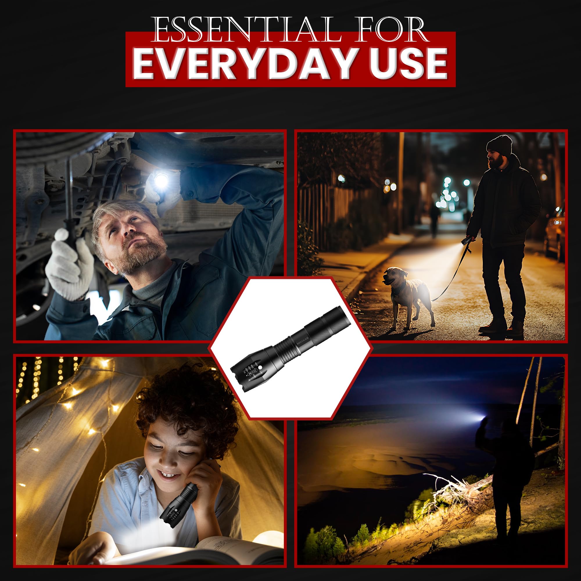 Besjaar Torcia LED Tattica 2 Pezzi - 10000 Lumen, 5 Modalità, Impermeabile IP65, Potente Faretto Da Campeggio Con Custodia - 4