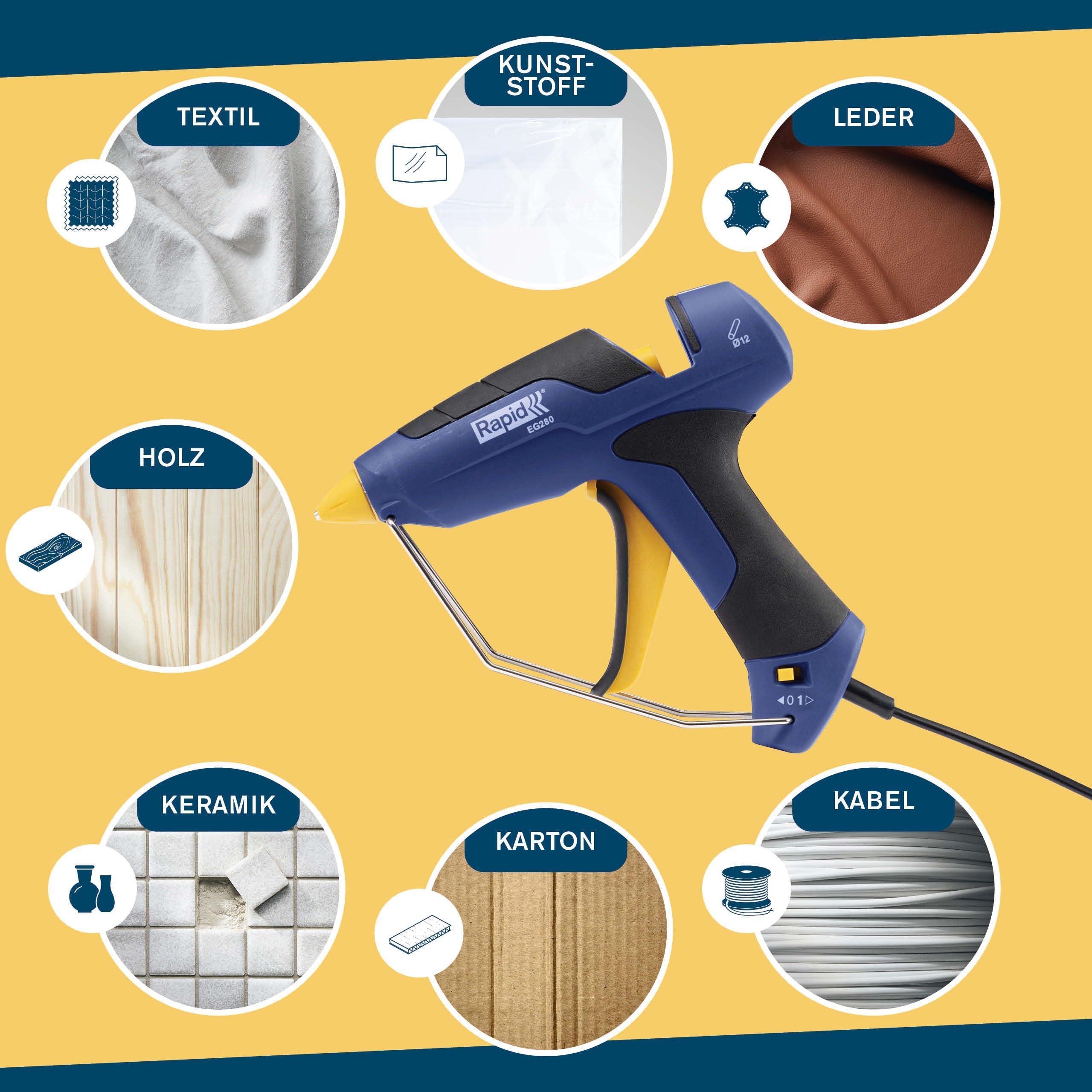 Rapid EG280 Heißklebepistole für 12mm Klebesticks, 600g/Std., 3 Min Aufheizzeit, Soft-Grip-Griff, Auswechselbare Düse, Fester Standfuß - für Heimwerker & Bastler