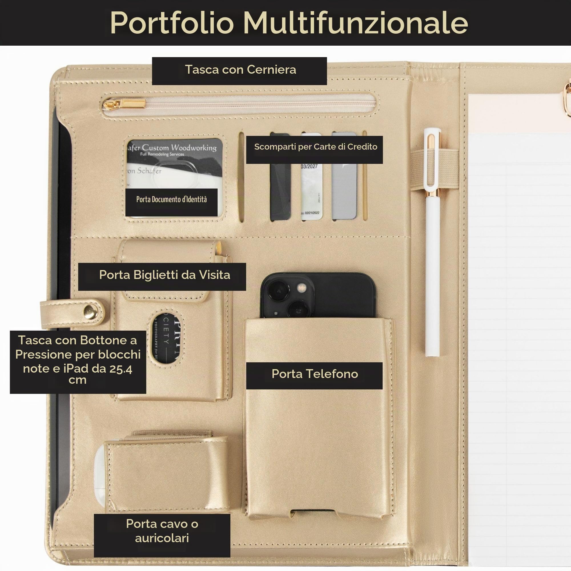BLU MONACO, Raccoglitore in pelle vegana beige pesca, professionale, con chiusura magnetica e finiture dorate, 21,5 x 28,5 cm, custodia organizer da donna