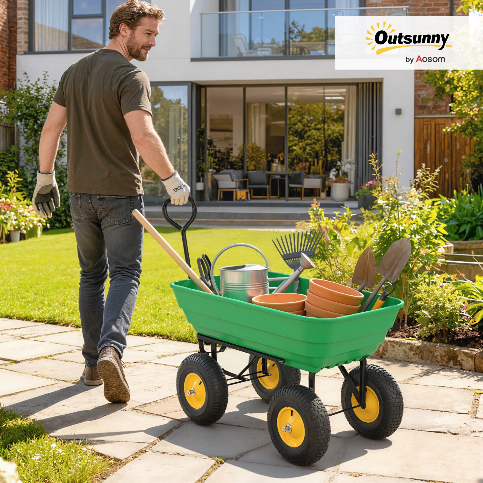 Outsunny Carrello da Giardino 75L in Acciaio e PP con Vasca ribaltabile e Maniglia da Trasporto, 109x52x94 cm, Verde Scuro